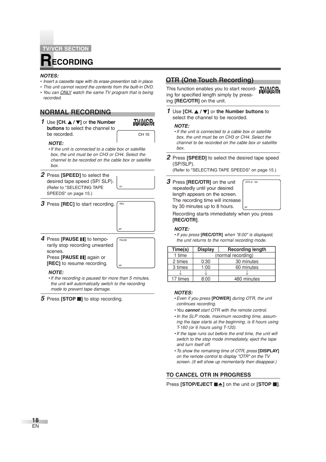 Sylvania 6724FDG owner manual Normal Recording, To Cancel OTR in Progress 