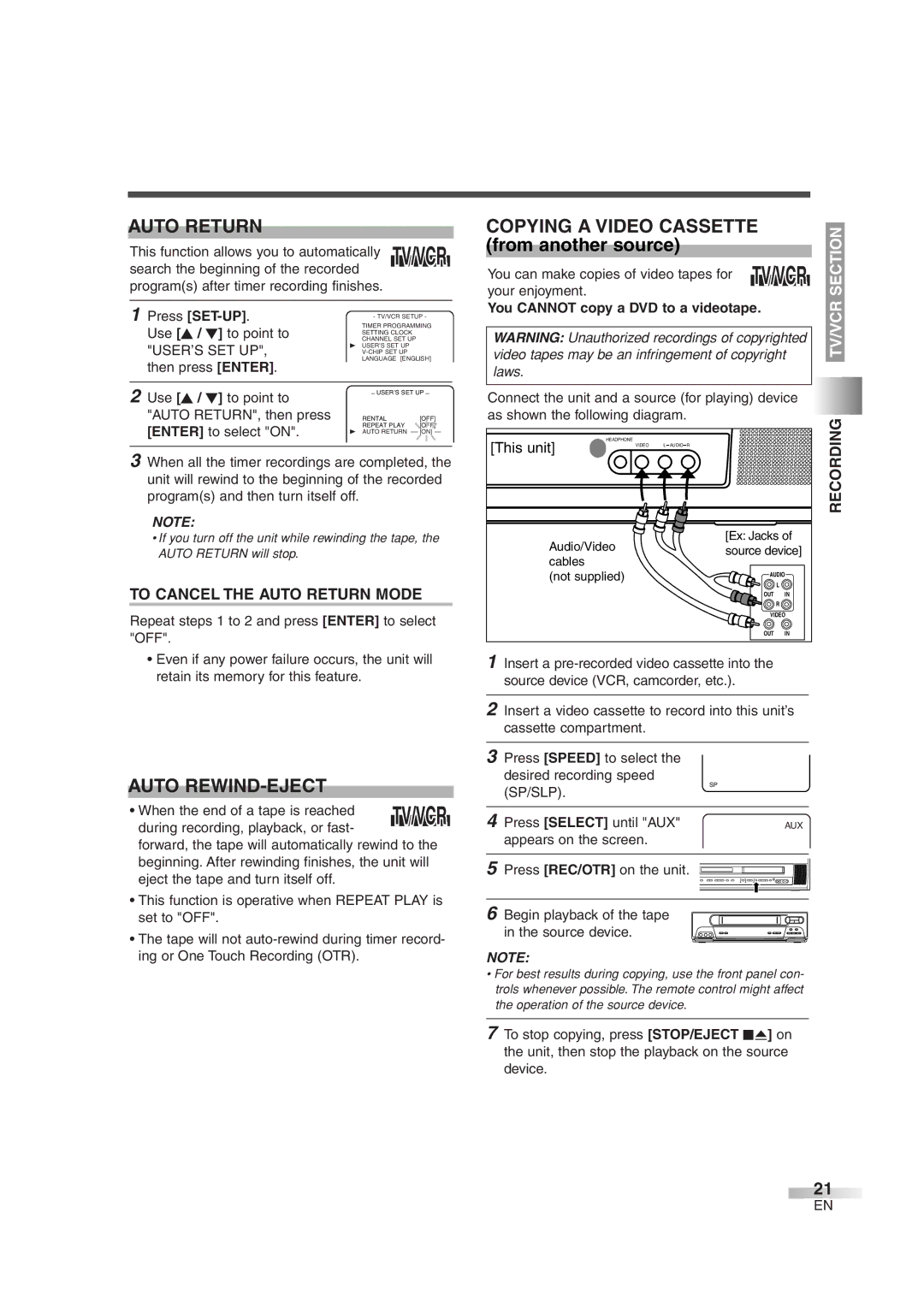 Sylvania 6724FDG owner manual Auto REWIND-EJECT, Copying a Video Cassette, To Cancel the Auto Return Mode 