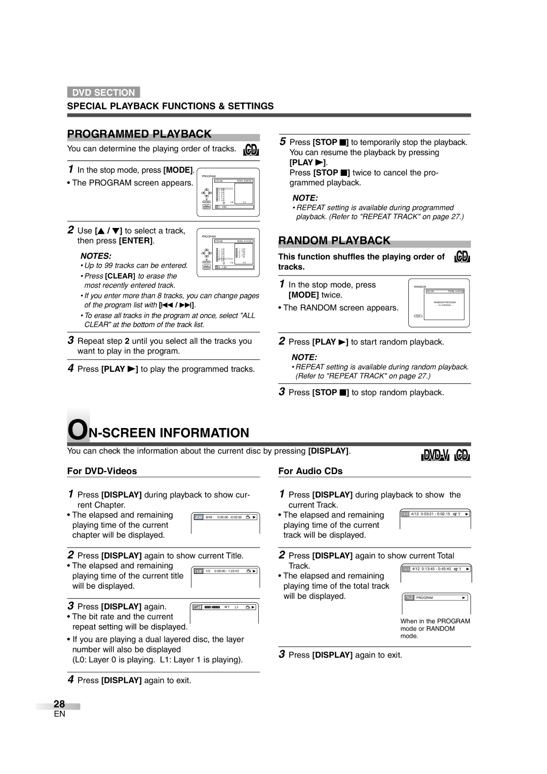 Sylvania 6724FDG owner manual ON-SCREEN Information, Programmed Playback, Random Playback, Mode twice 