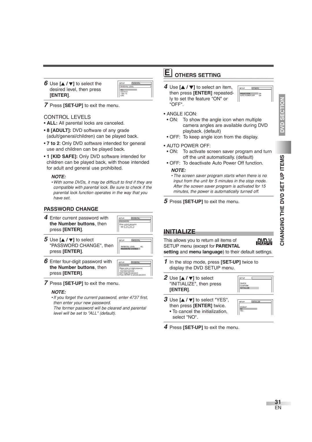 Sylvania 6724FDG owner manual Initialize, Password Change, Others Setting, Dvd 