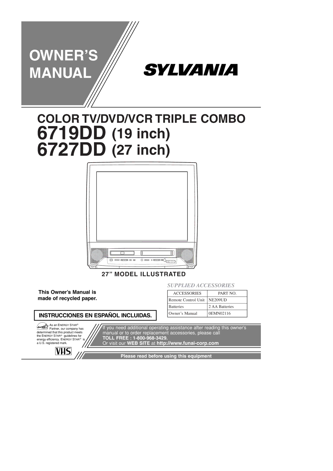 Sylvania owner manual 6719DD 6727DD, Supplied Accessories 