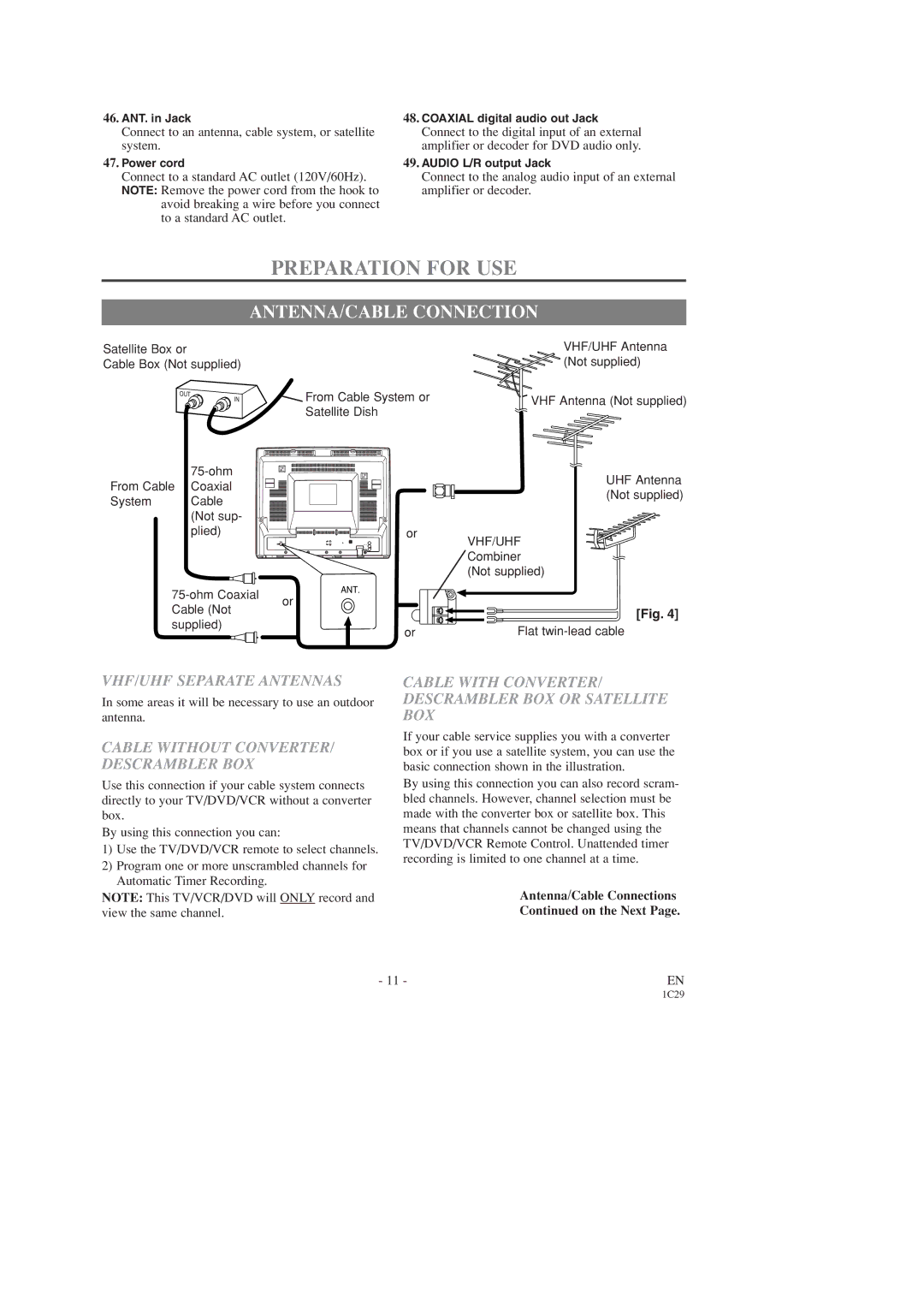 Sylvania 6719DD, 6727DD owner manual Preparation for USE, ANTENNA/CABLE Connection, VHF/UHF Separate Antennas 