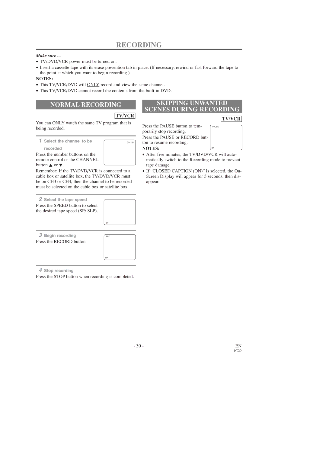 Sylvania 6727DD, 6719DD owner manual Normal Recording, Skipping Unwanted Scenes During Recording 