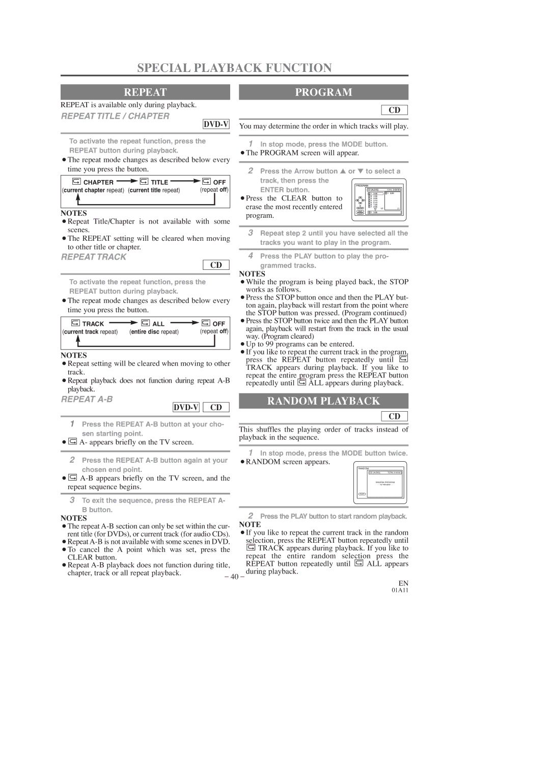 Sylvania 6727DD, 6719DD owner manual Special Playback Function, Repeat, Random Playback 