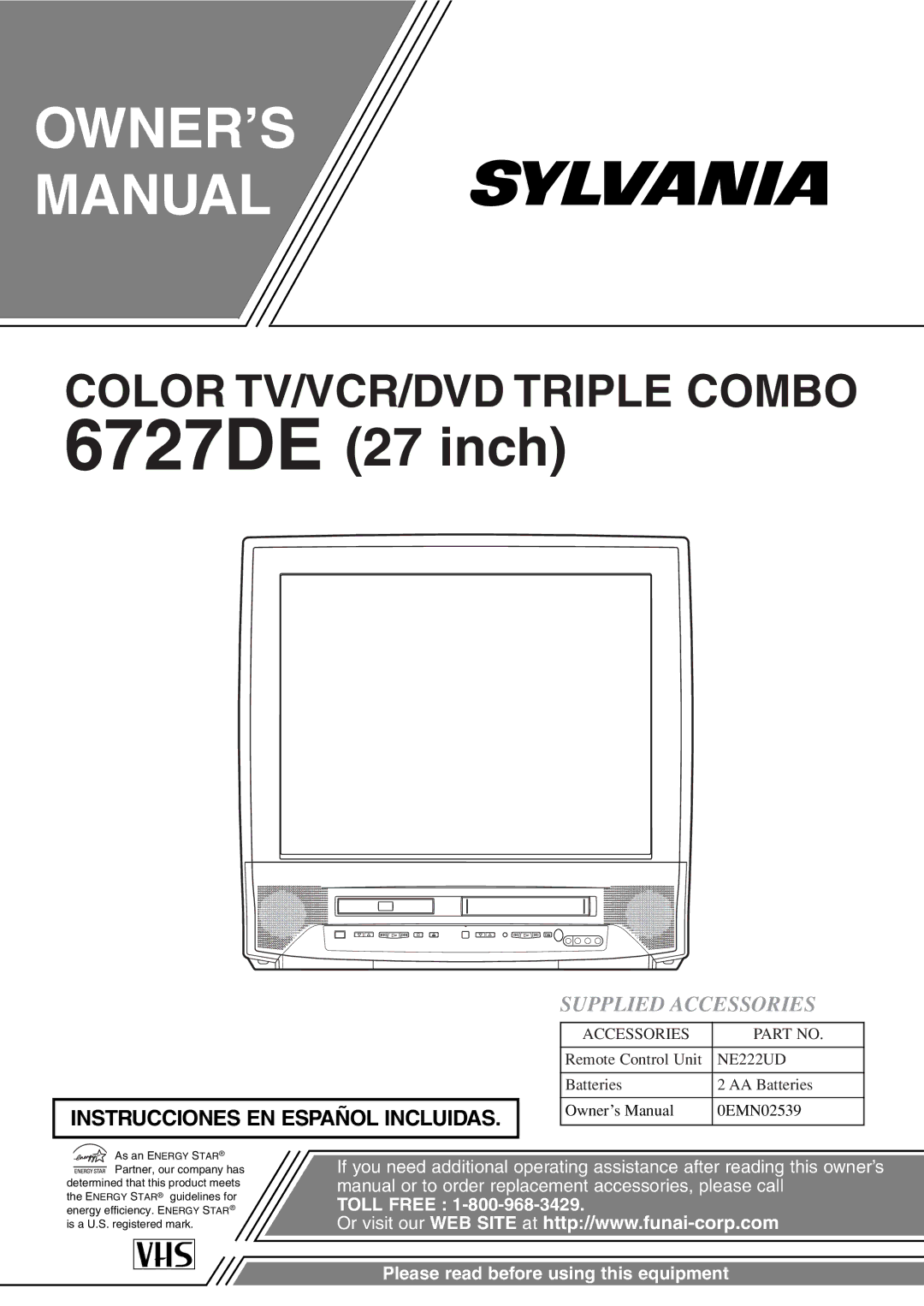 Sylvania 6727DE owner manual OWNER’S Manual, Supplied Accessories 