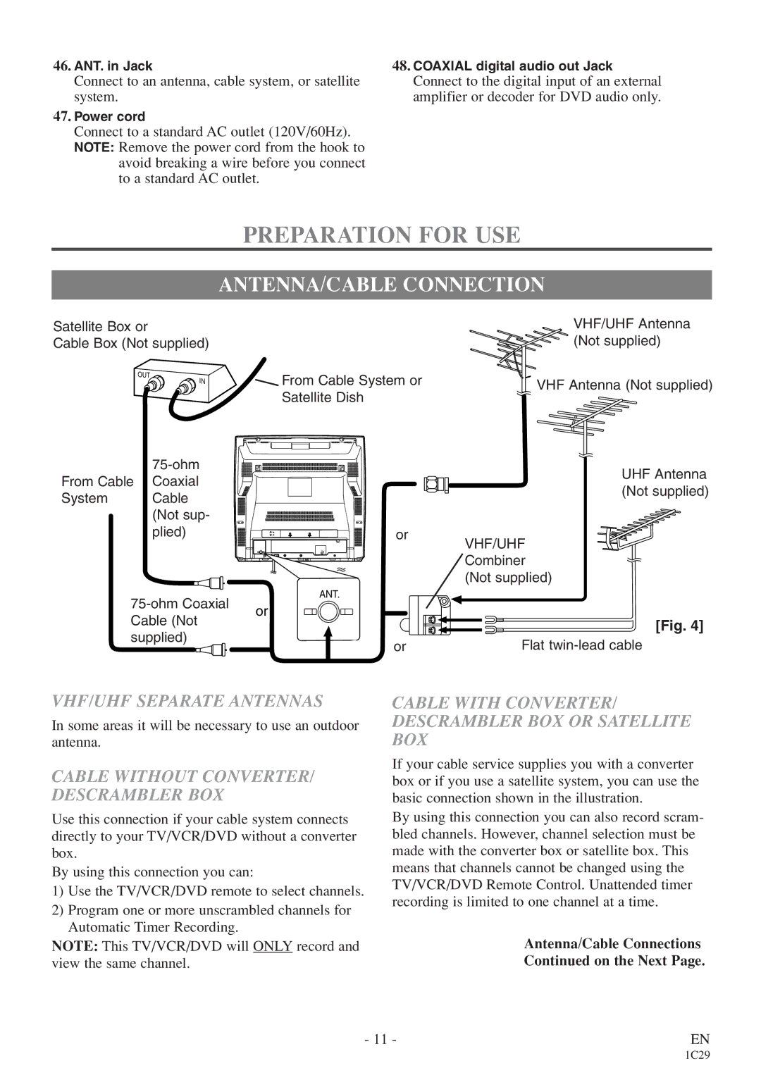 Sylvania 6727DE owner manual Preparation for USE, ANTENNA/CABLE Connection, VHF/UHF Separate Antennas 