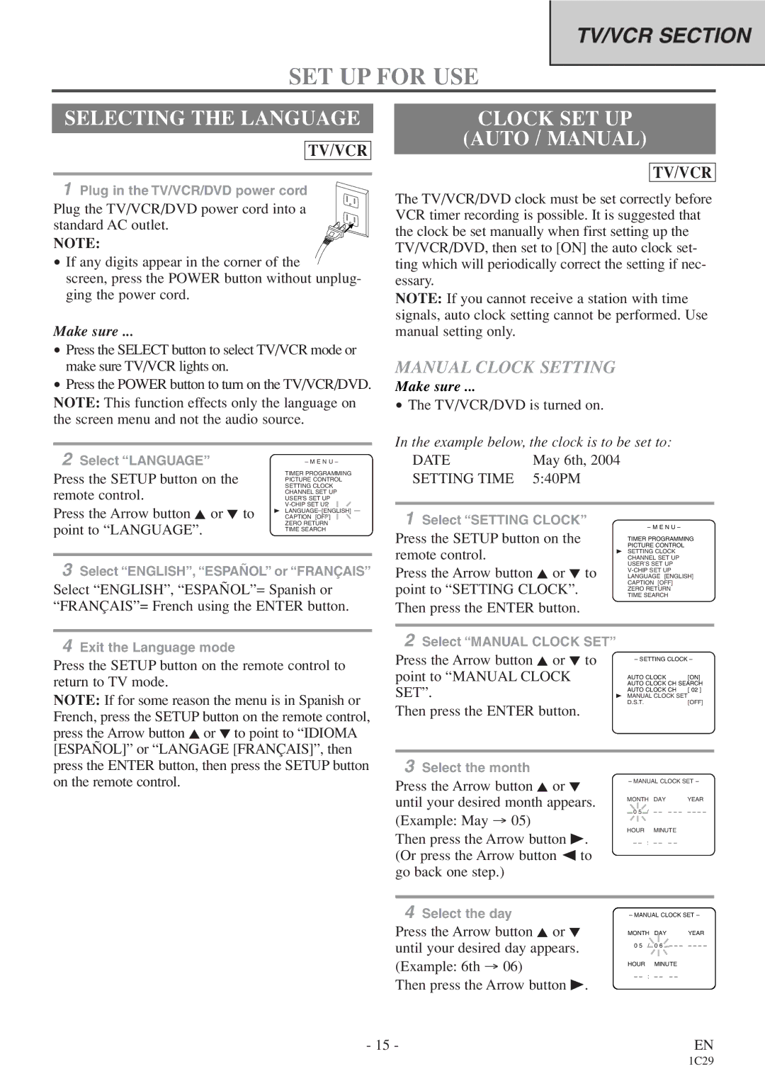 Sylvania 6727DE owner manual SET UP for USE, Selecting the Language, Clock SET UP Auto / Manual, Manual Clock Setting 