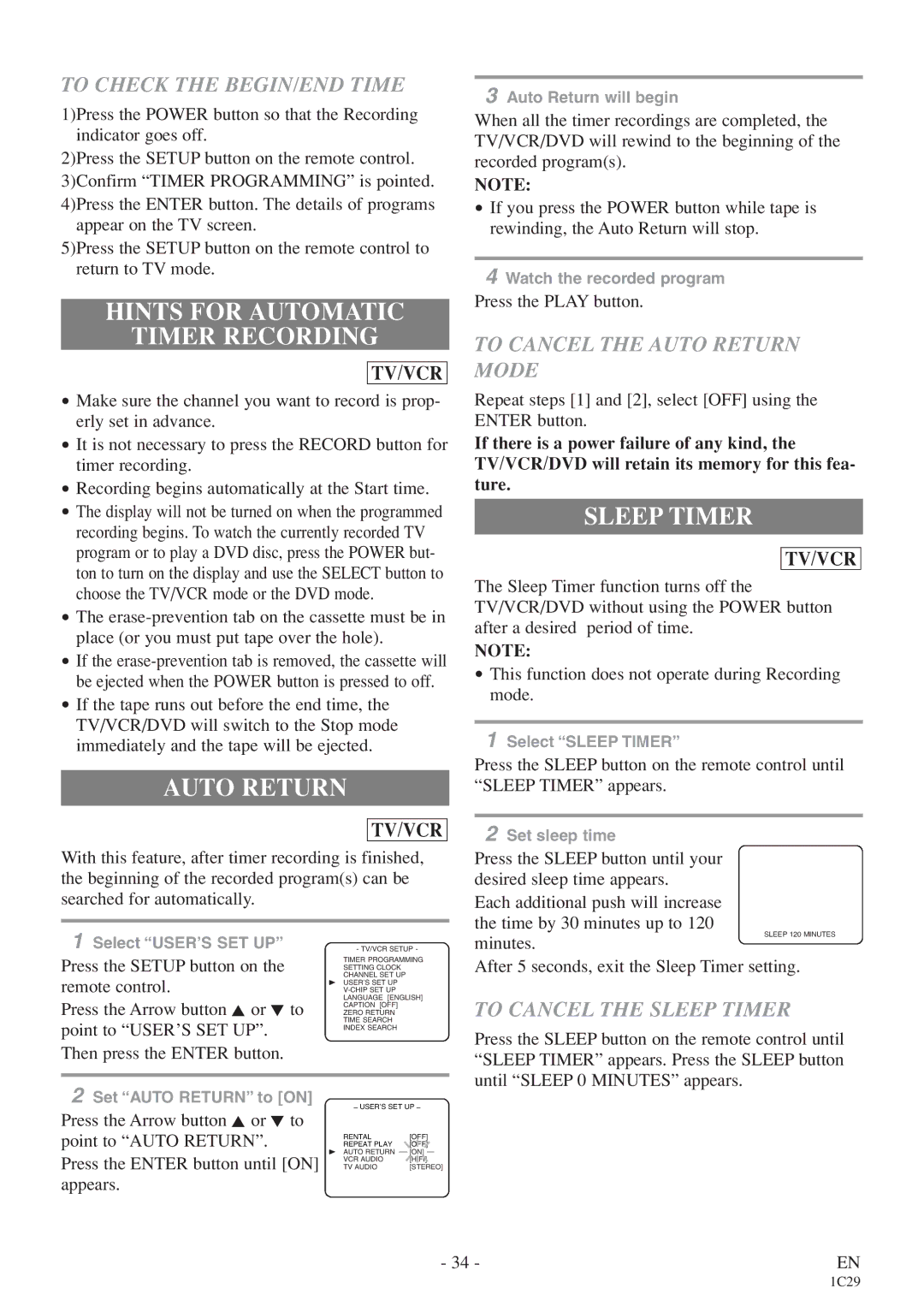 Sylvania 6727DE owner manual Hints for Automatic Timer Recording, Auto Return, Sleep Timer 