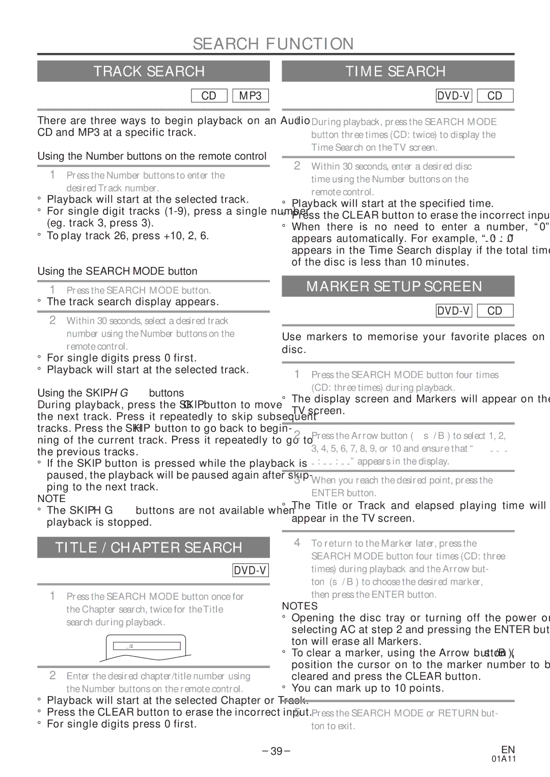 Sylvania 6727DE owner manual Search Function, Track Search Time Search, Marker Setup Screen, Title / Chapter Search 