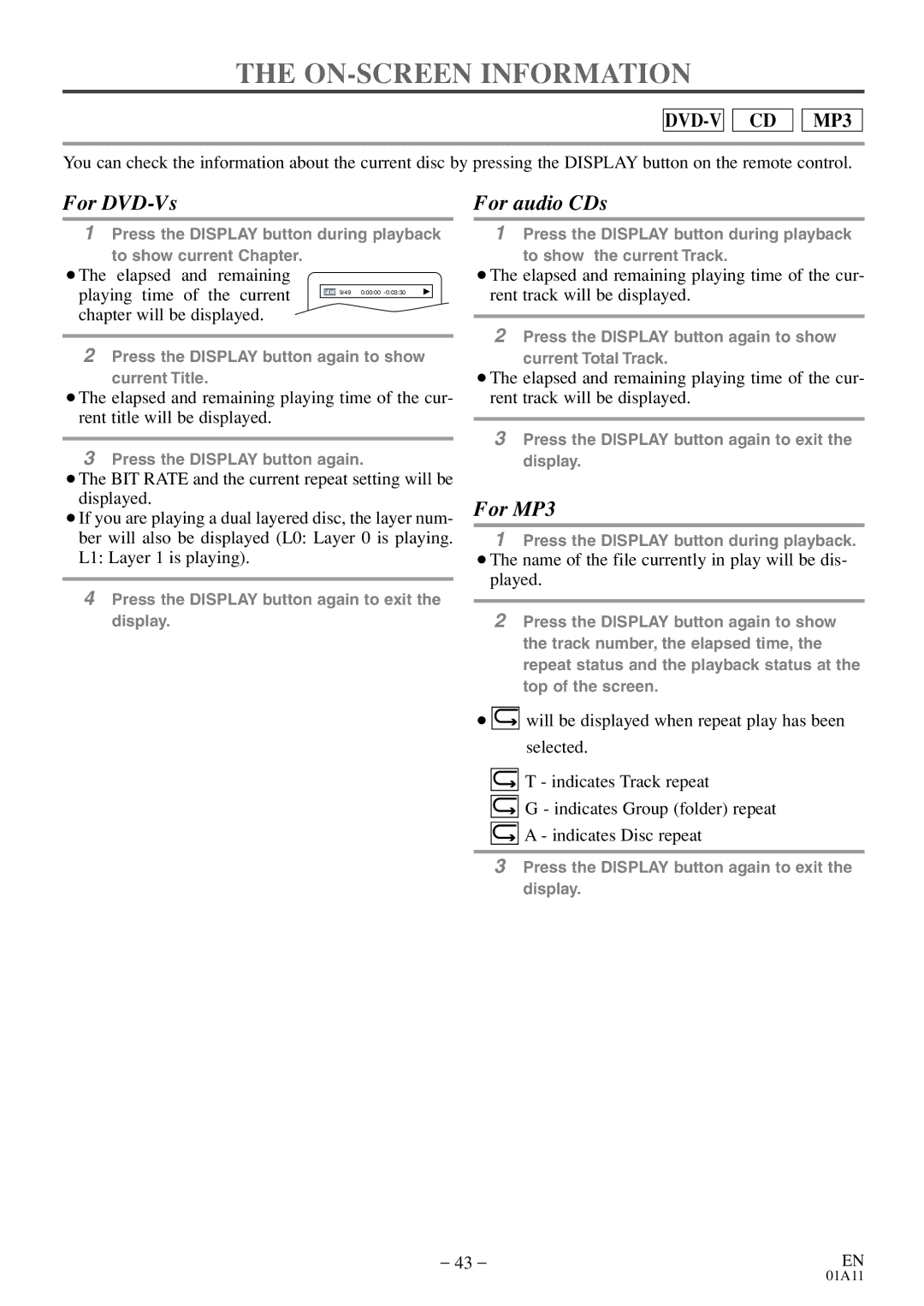 Sylvania 6727DE owner manual ON-SCREEN Information, For DVD-Vs For audio CDs 