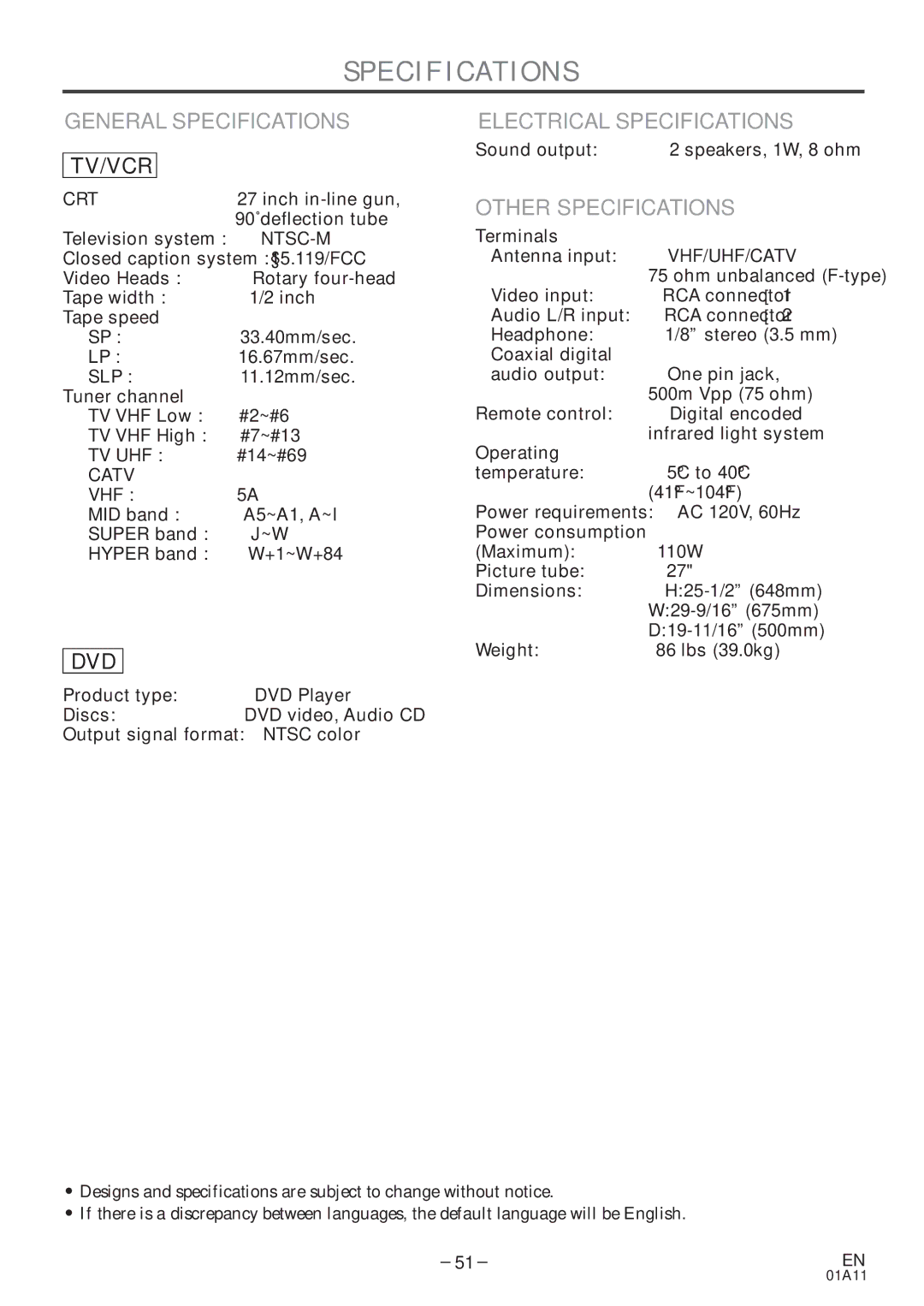 Sylvania 6727DE owner manual General Specifications, Electrical Specifications, Other Specifications 