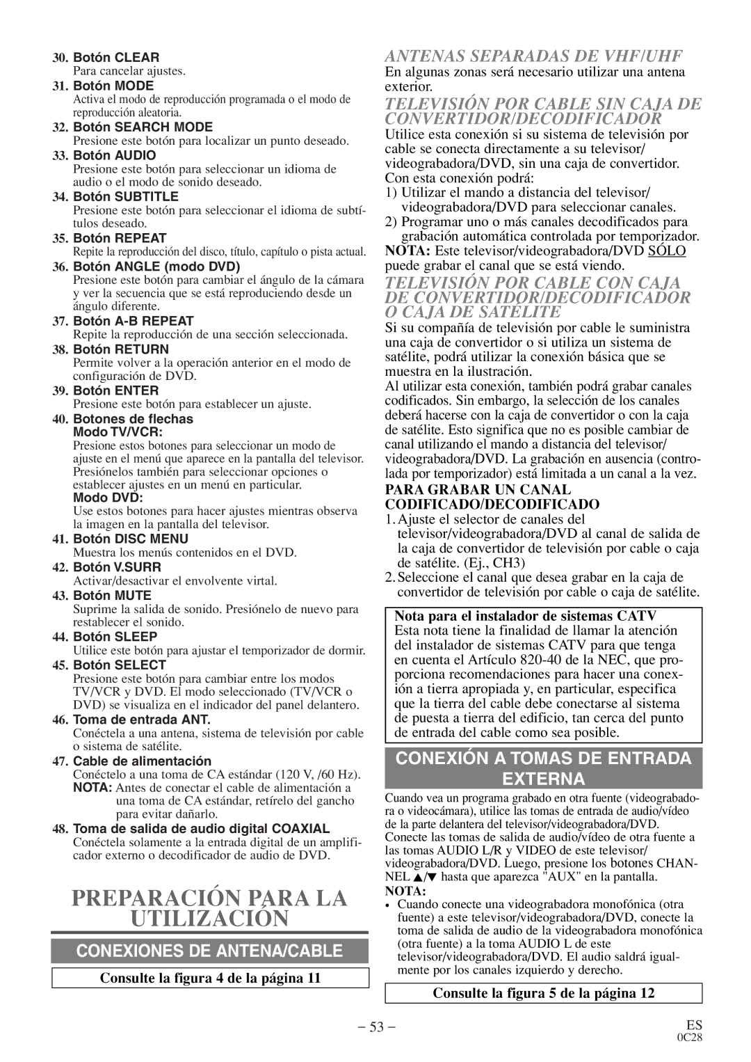 Sylvania 6727DE owner manual Preparación Para LA Utilización, Antenas Separadas DE VHF/UHF 