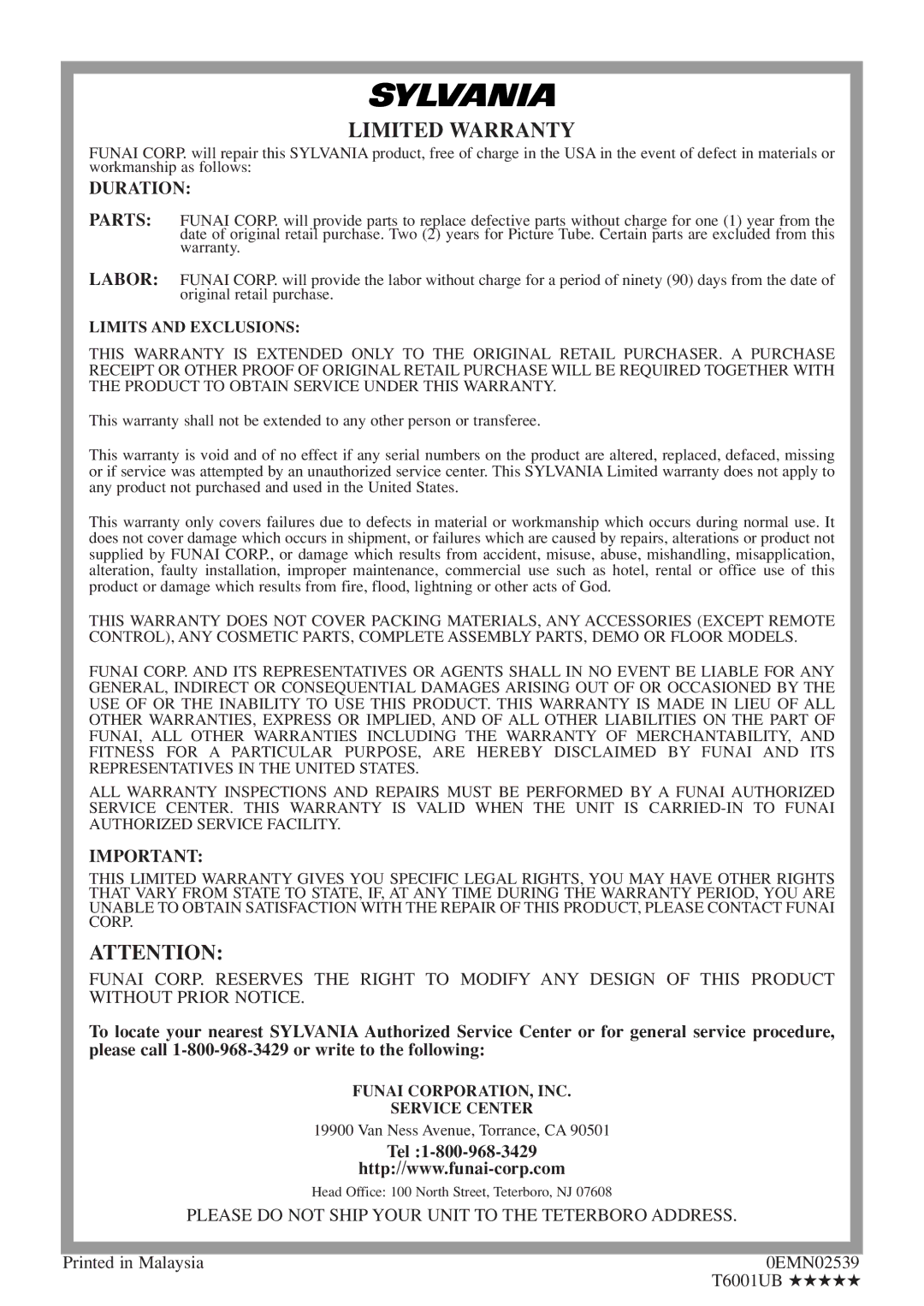 Sylvania 6727DE owner manual Duration, Tel, Please do not Ship Your Unit to the Teterboro Address 