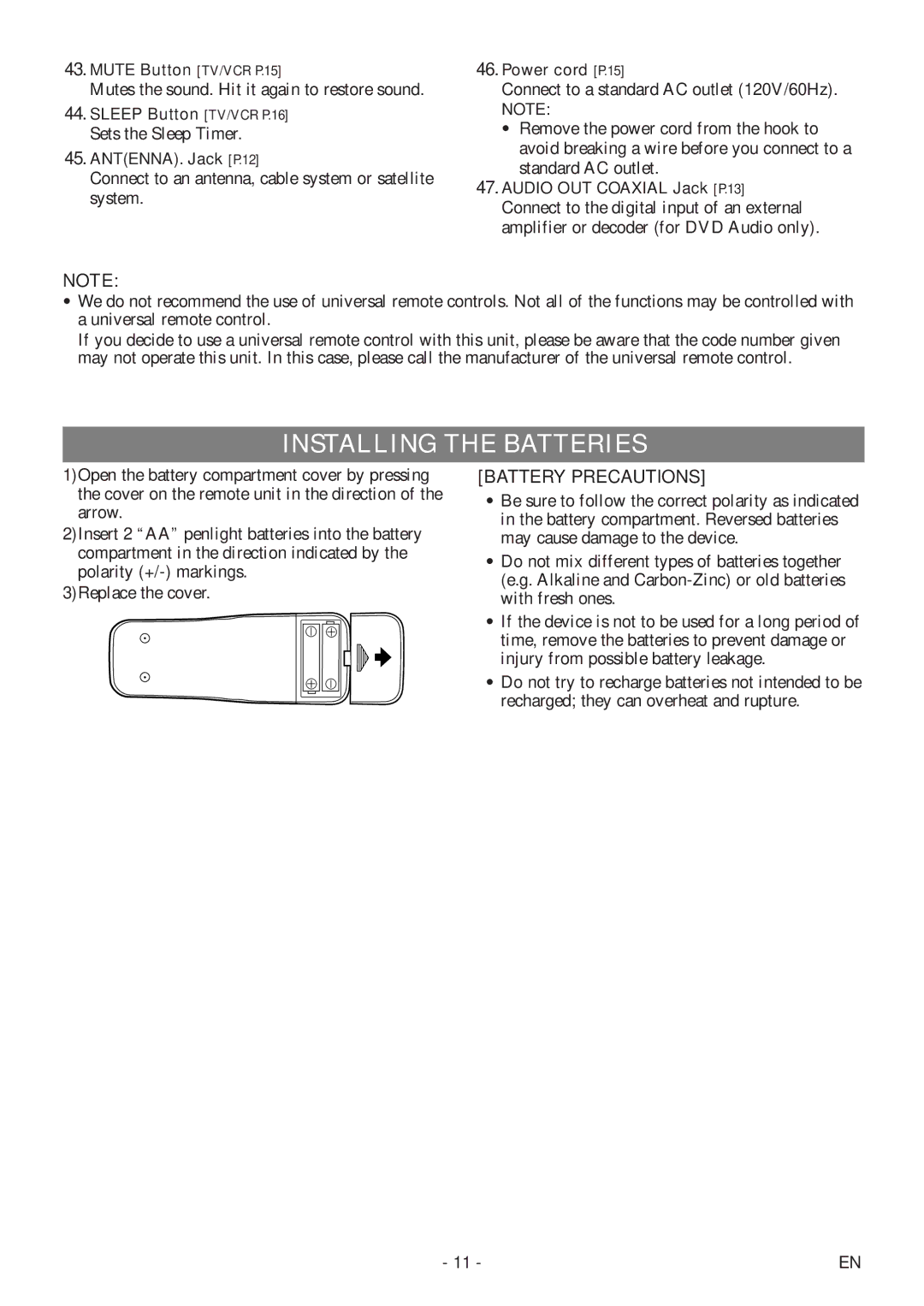 Sylvania 6727DF owner manual Installing the Batteries, Battery Precautions 