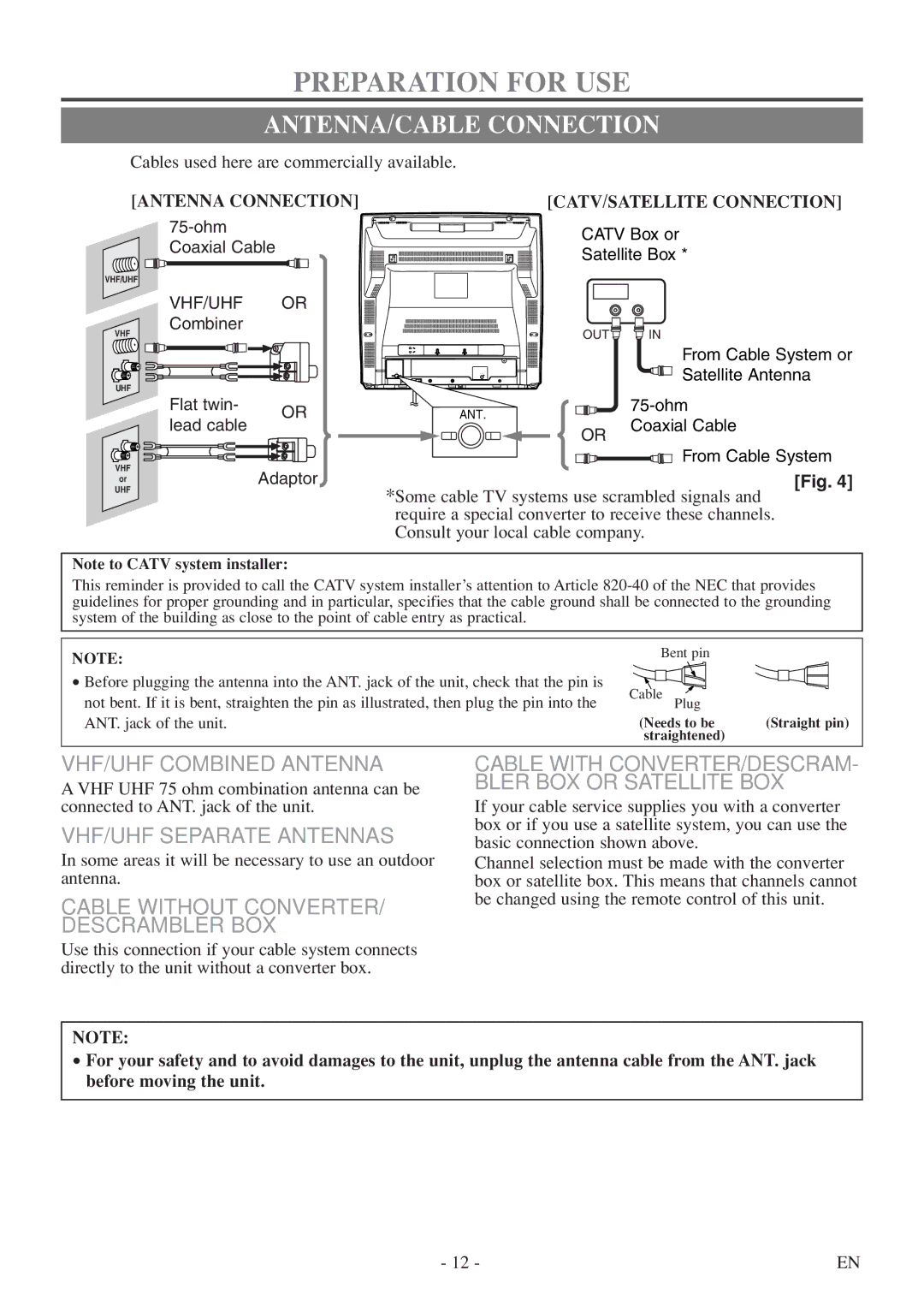 Sylvania 6727DF Preparation for USE, ANTENNA/CABLE Connection, VHF/UHF Combined Antenna, VHF/UHF Separate Antennas 