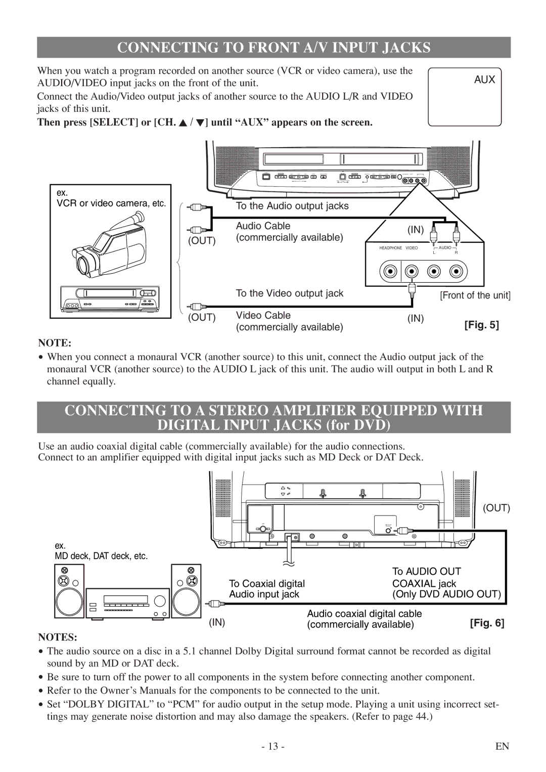 Sylvania 6727DF owner manual Connecting to Front A/V Input Jacks, Connecting to a Stereo Amplifier Equipped with 