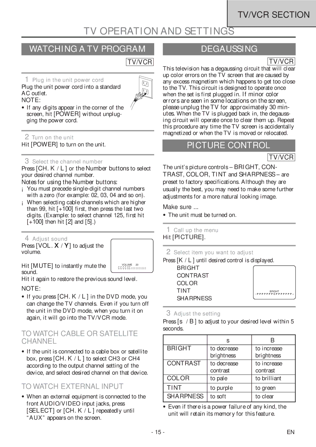 Sylvania 6727DF owner manual TV Operation and Settings, Watching a TV Program, Degaussing, Picture Control 