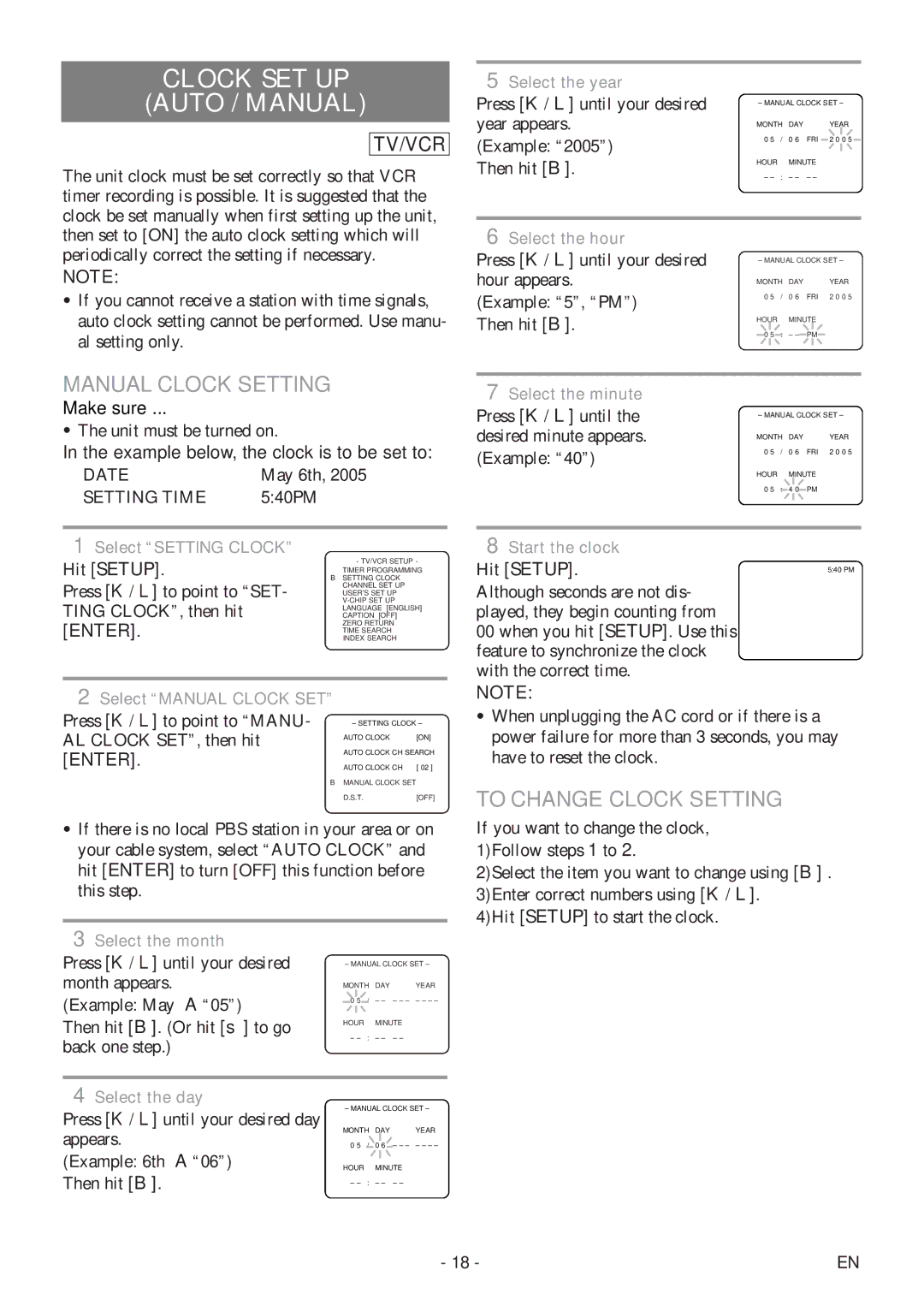 Sylvania 6727DF owner manual Clock SET UP Auto / Manual, Manual Clock Setting, To Change Clock Setting, Date, Setting Time 