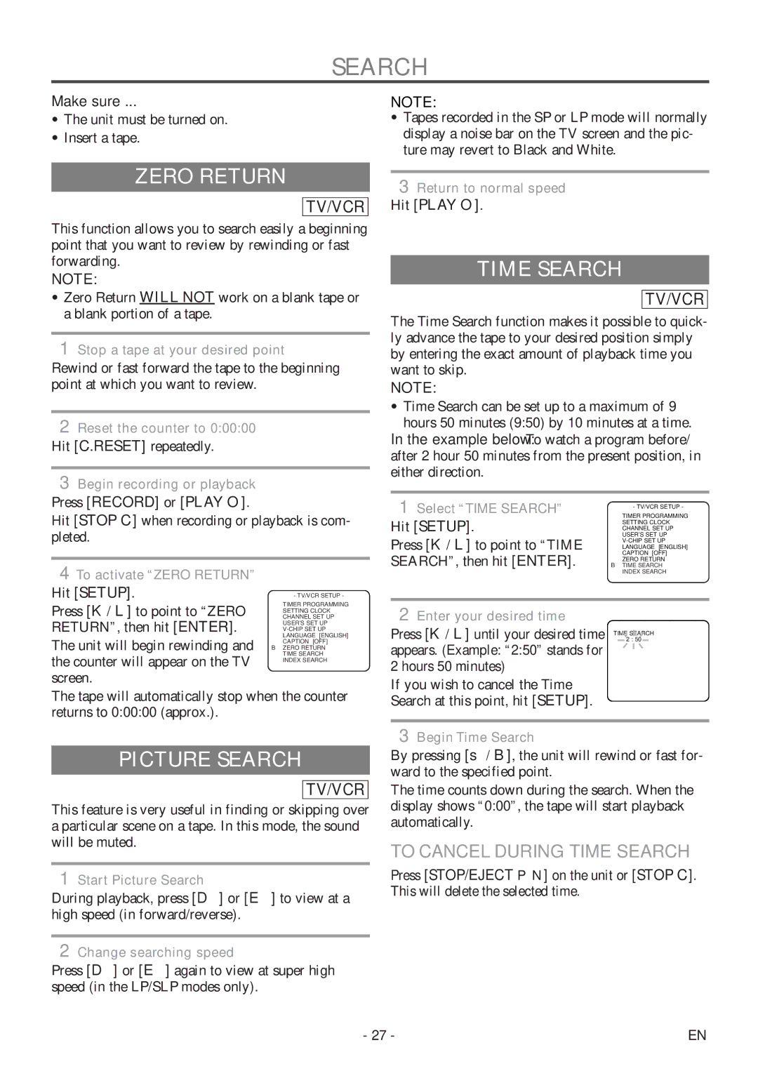 Sylvania 6727DF owner manual Zero Return, Picture Search, To Cancel During Time Search 