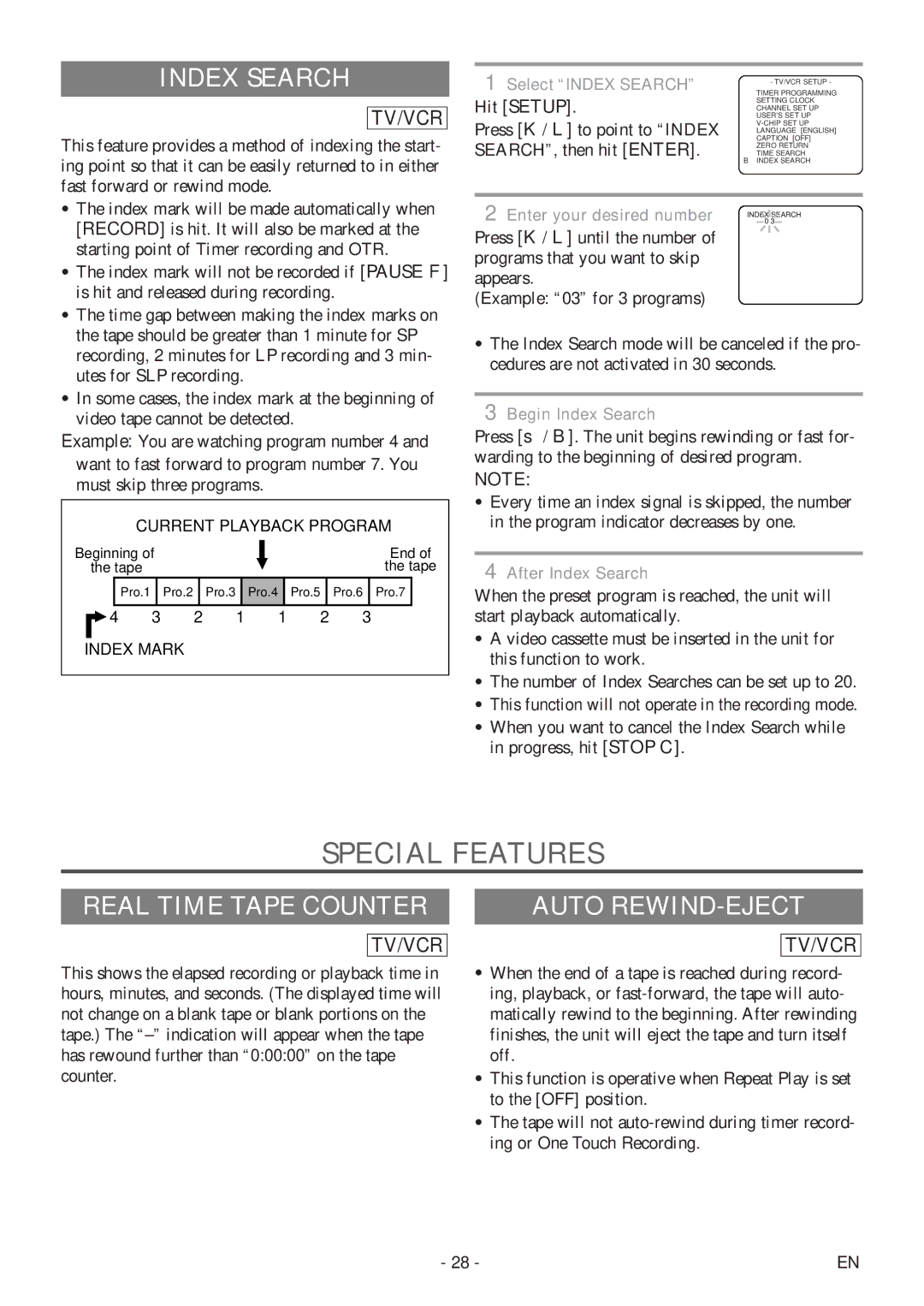 Sylvania 6727DF owner manual Special Features, Index Search, Real Time Tape Counter, Auto REWIND-EJECT 