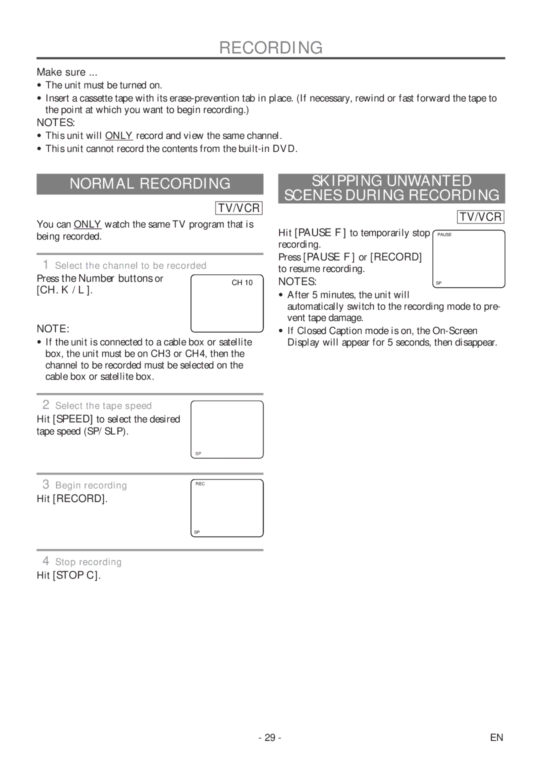 Sylvania 6727DF owner manual Normal Recording, Skipping Unwanted Scenes During Recording 