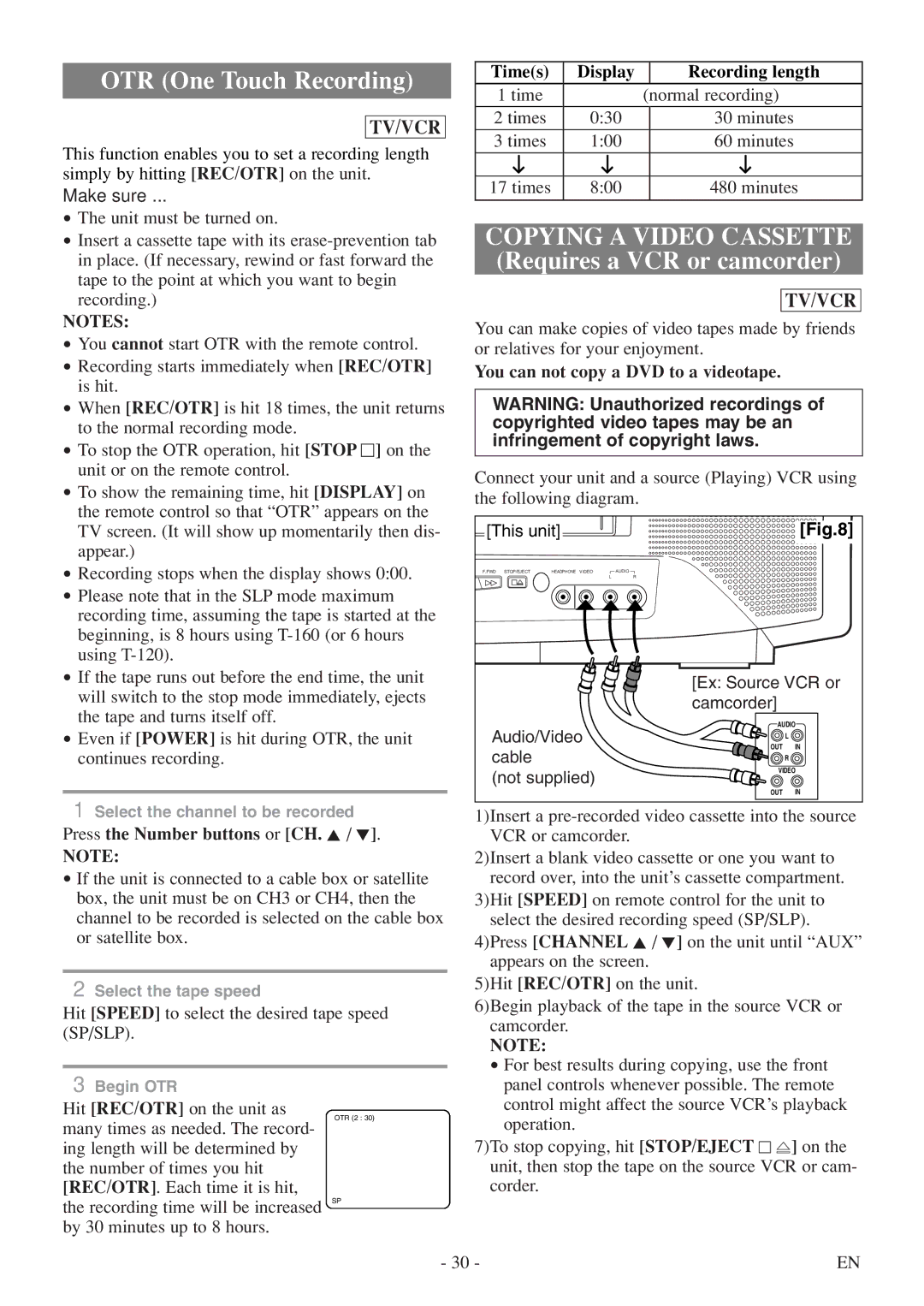 Sylvania 6727DF Copying a Video Cassette, Times Display Recording length, You can not copy a DVD to a videotape, Sp/Slp 