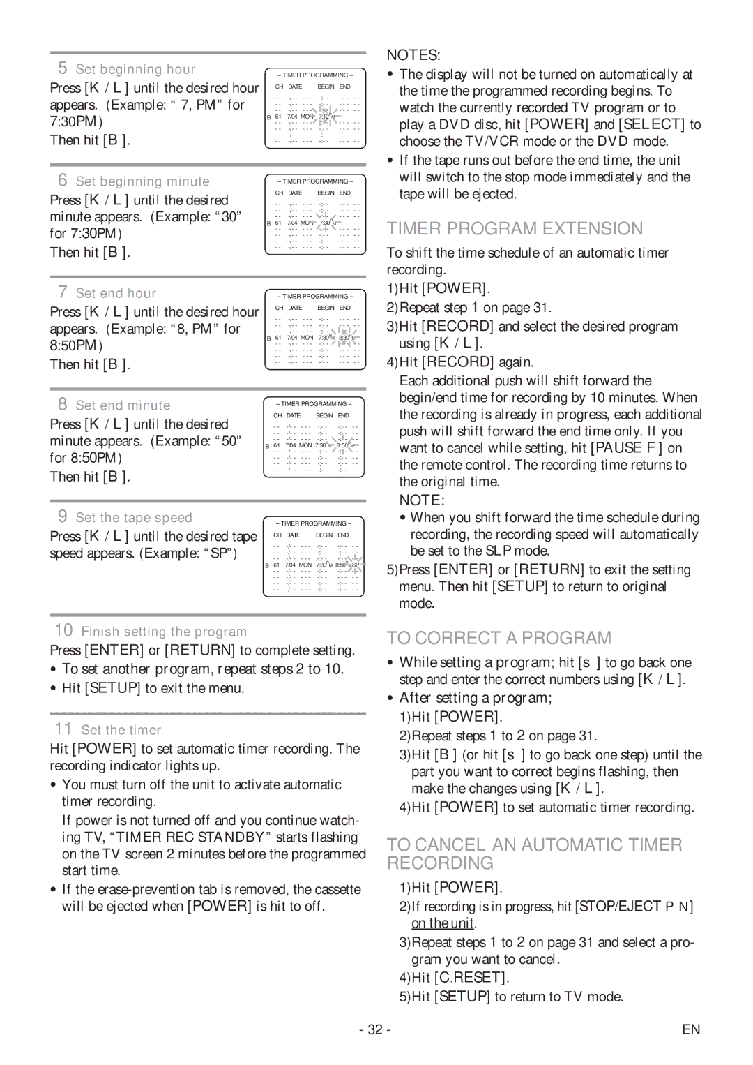 Sylvania 6727DF owner manual Timer Program Extension, To Correct a Program, To Cancel AN Automatic Timer Recording 