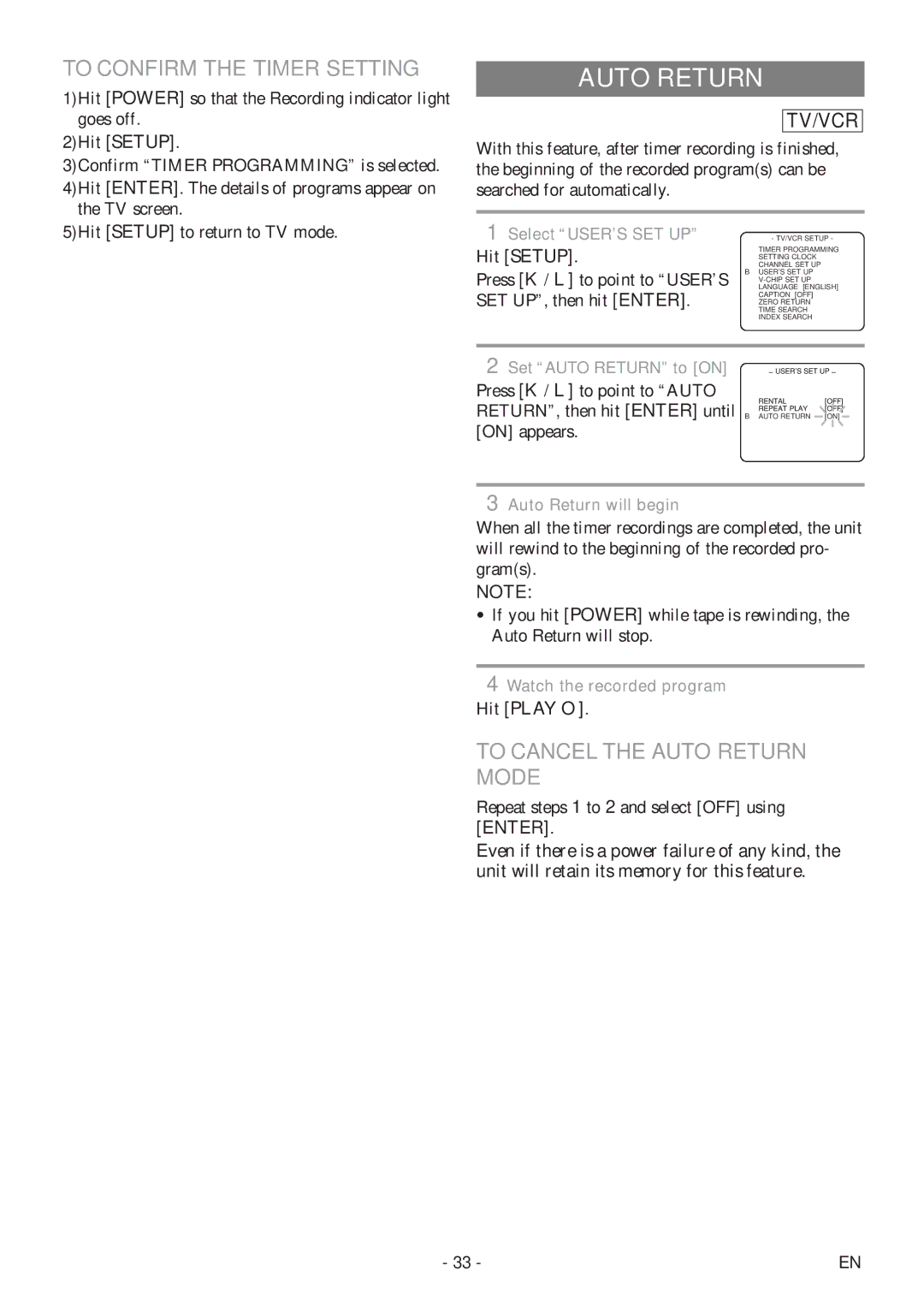 Sylvania 6727DF owner manual To Confirm the Timer Setting, To Cancel the Auto Return Mode 