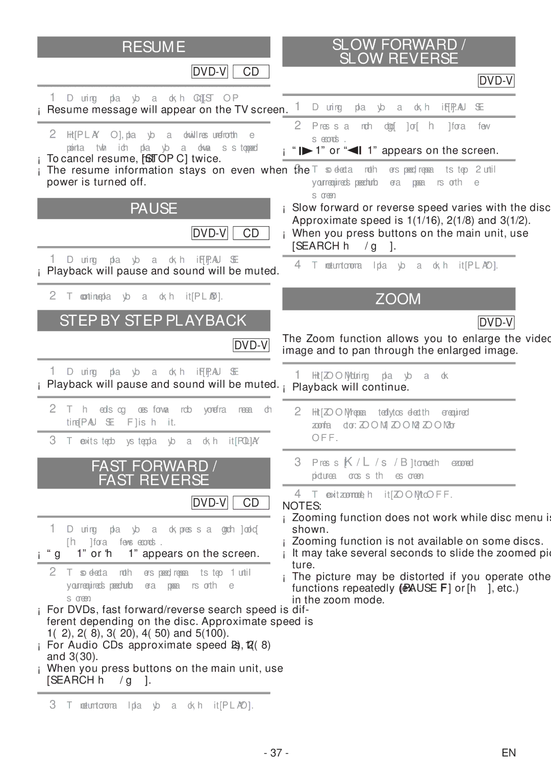 Sylvania 6727DF Resume, Pause, Step by Step Playback, Fast Forward Fast Reverse, Slow Forward Slow Reverse, Zoom 