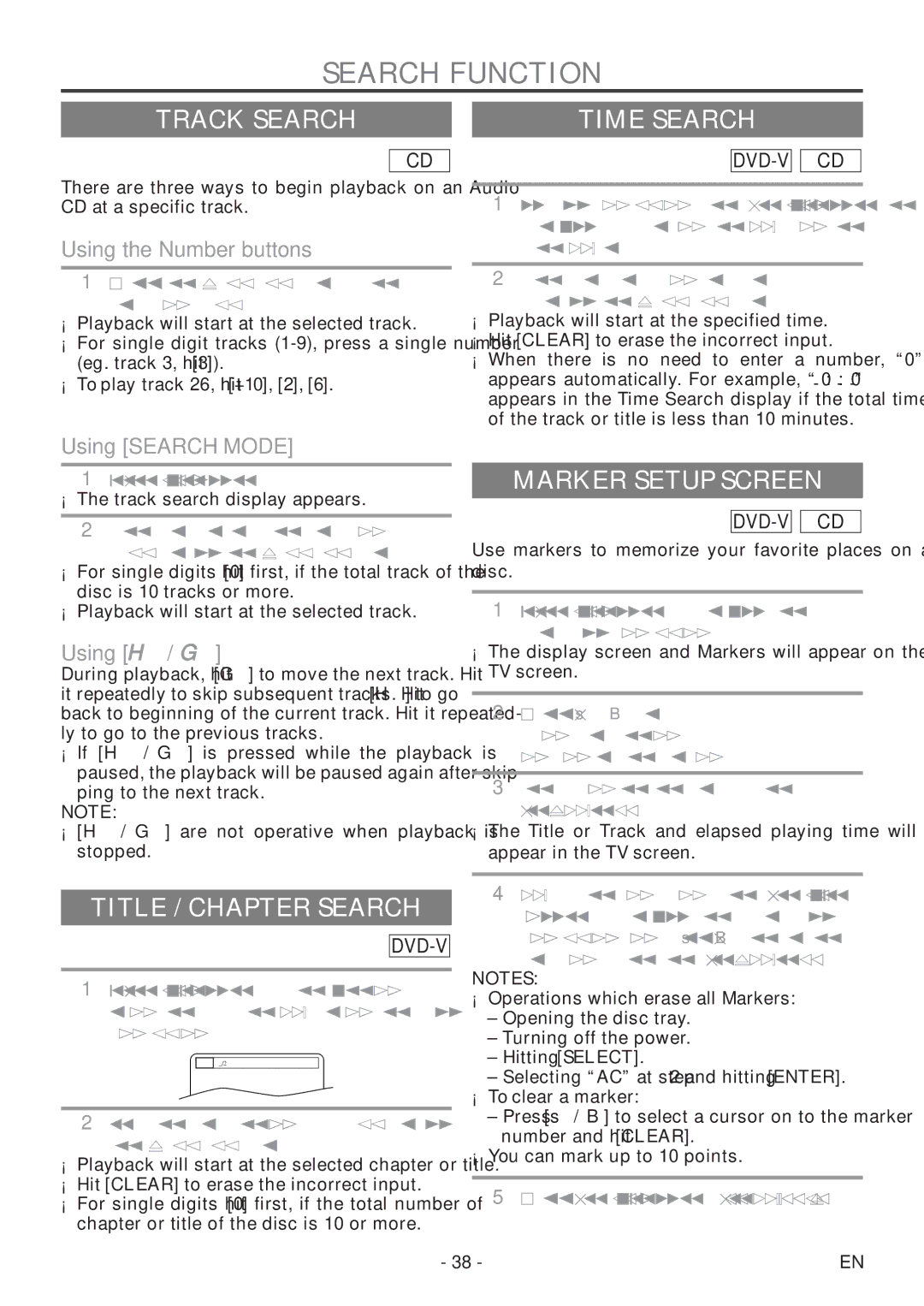 Sylvania 6727DF owner manual Search Function, Track Search Time Search, Title / Chapter Search, Marker Setup Screen 