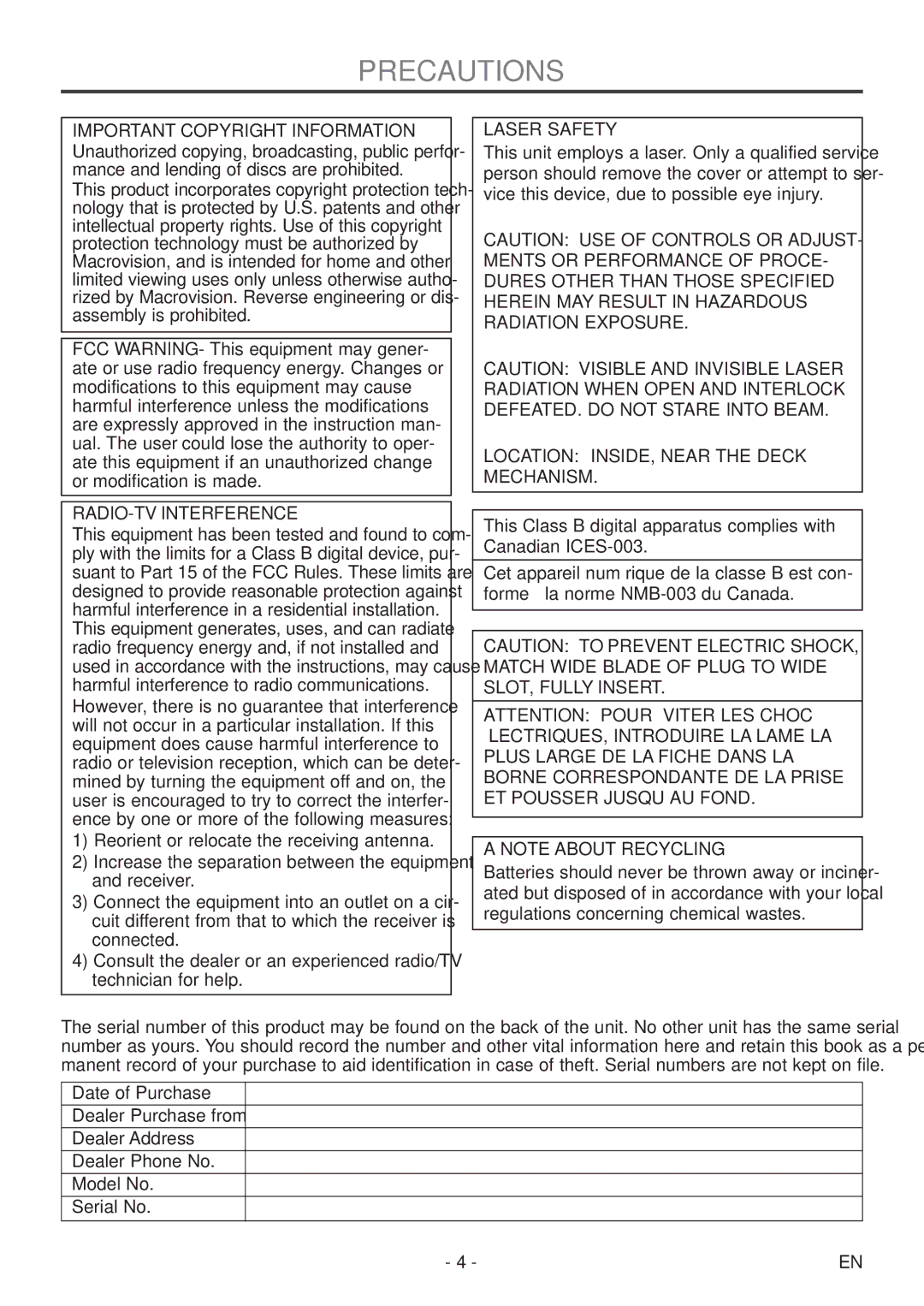 Sylvania 6727DF owner manual Precautions, Important Copyright Information, RADIO-TV Interference, Laser Safety 