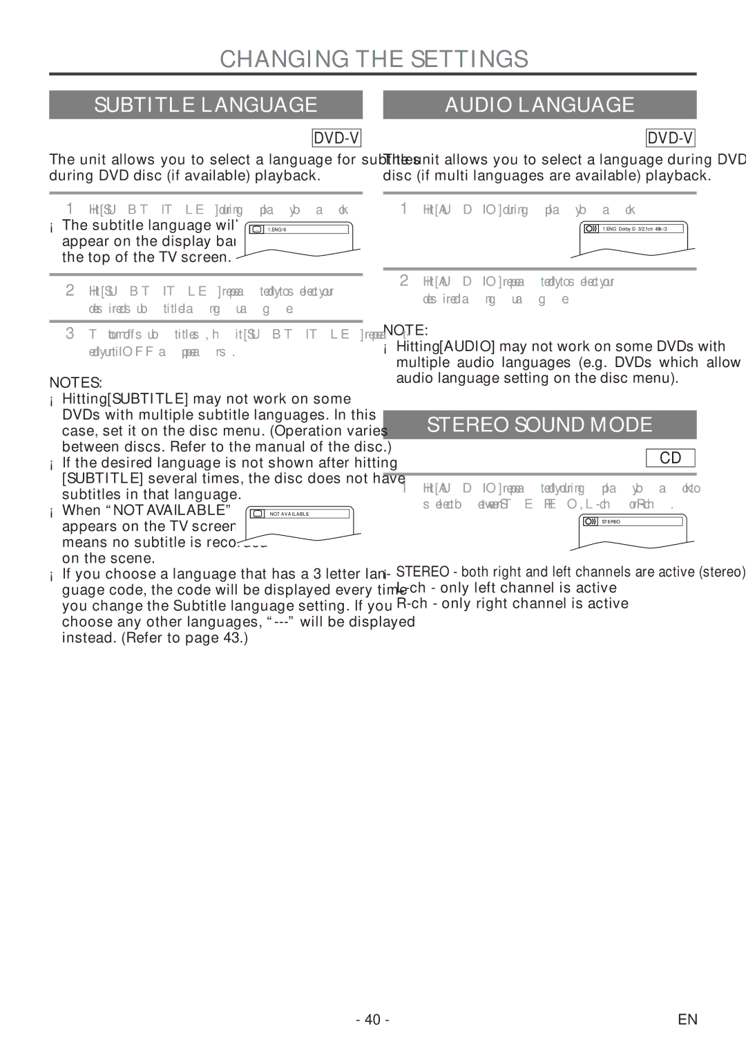 Sylvania 6727DF owner manual Changing the Settings, Subtitle Language, Audio Language, Stereo Sound Mode 