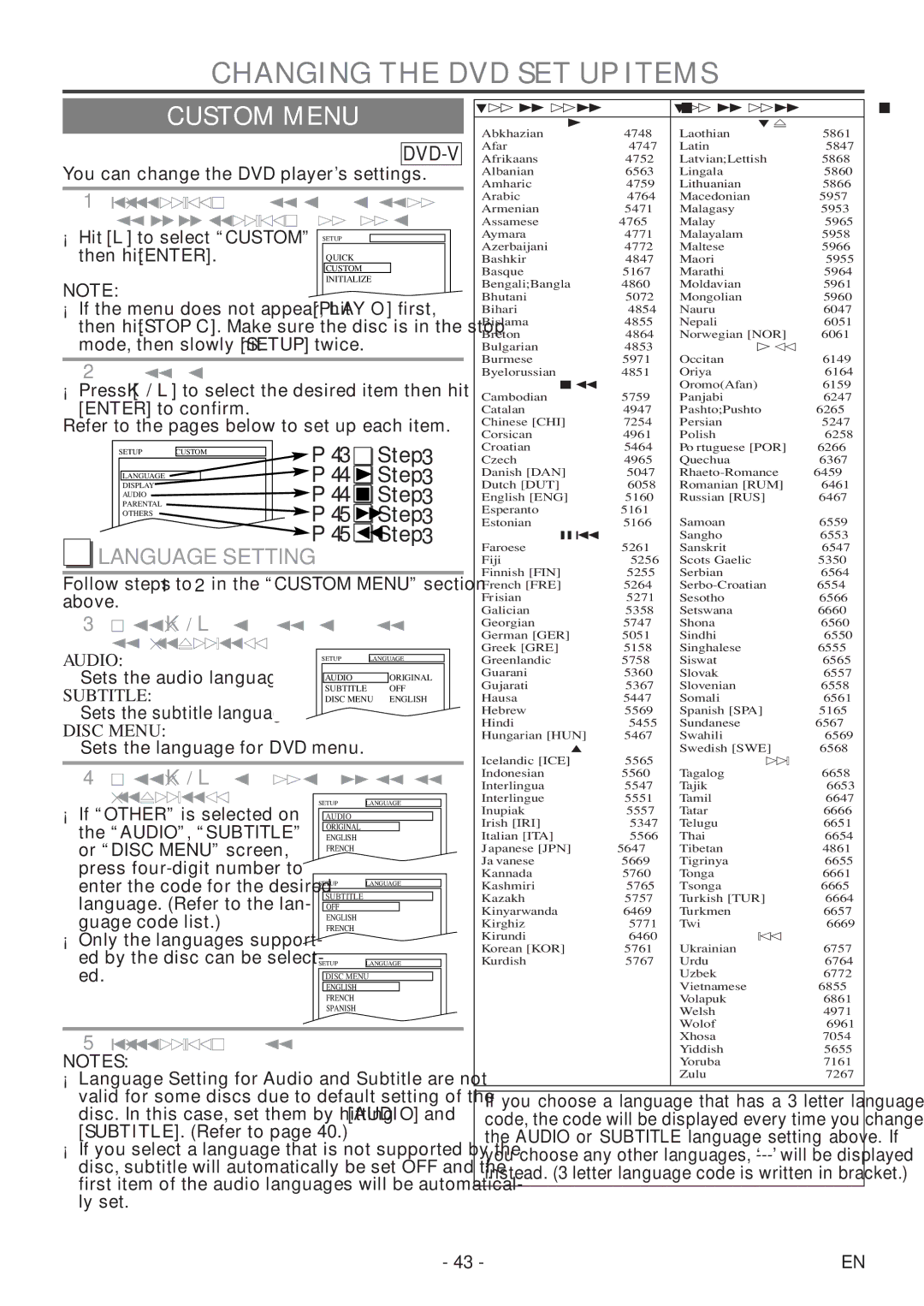 Sylvania 6727DF owner manual Changing the DVD SET UP Items, Custom Menu, Language Setting 