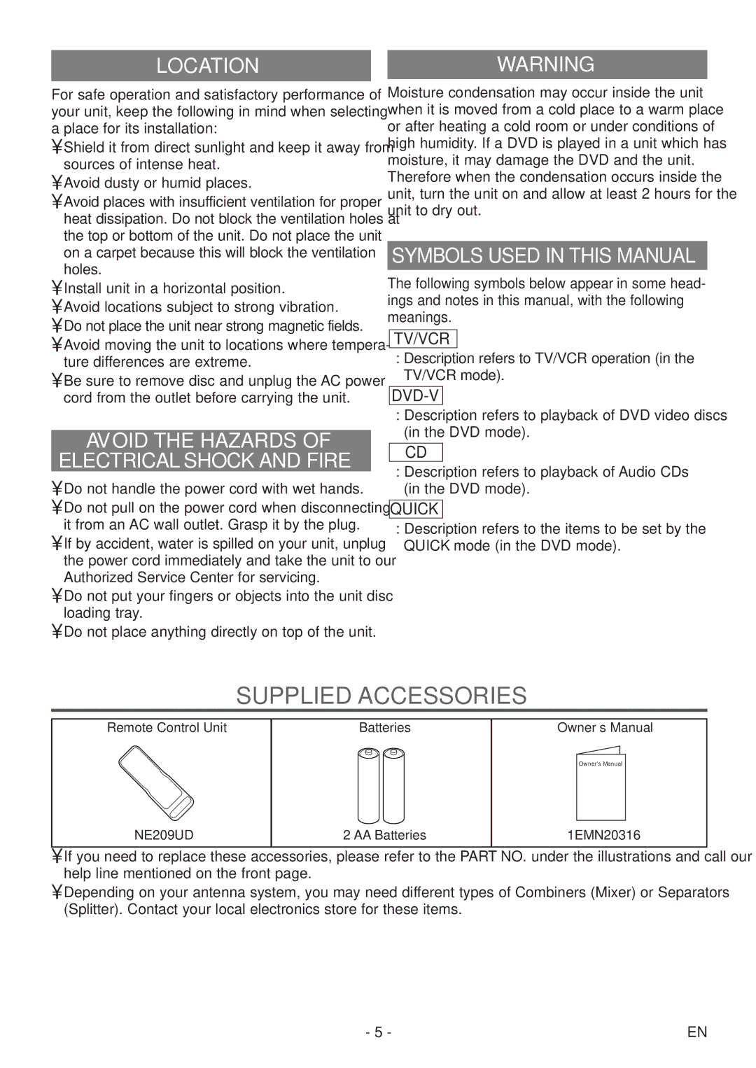 Sylvania 6727DF owner manual Supplied Accessories, Locationwarning, Avoid the Hazards Electrical Shock and Fire 