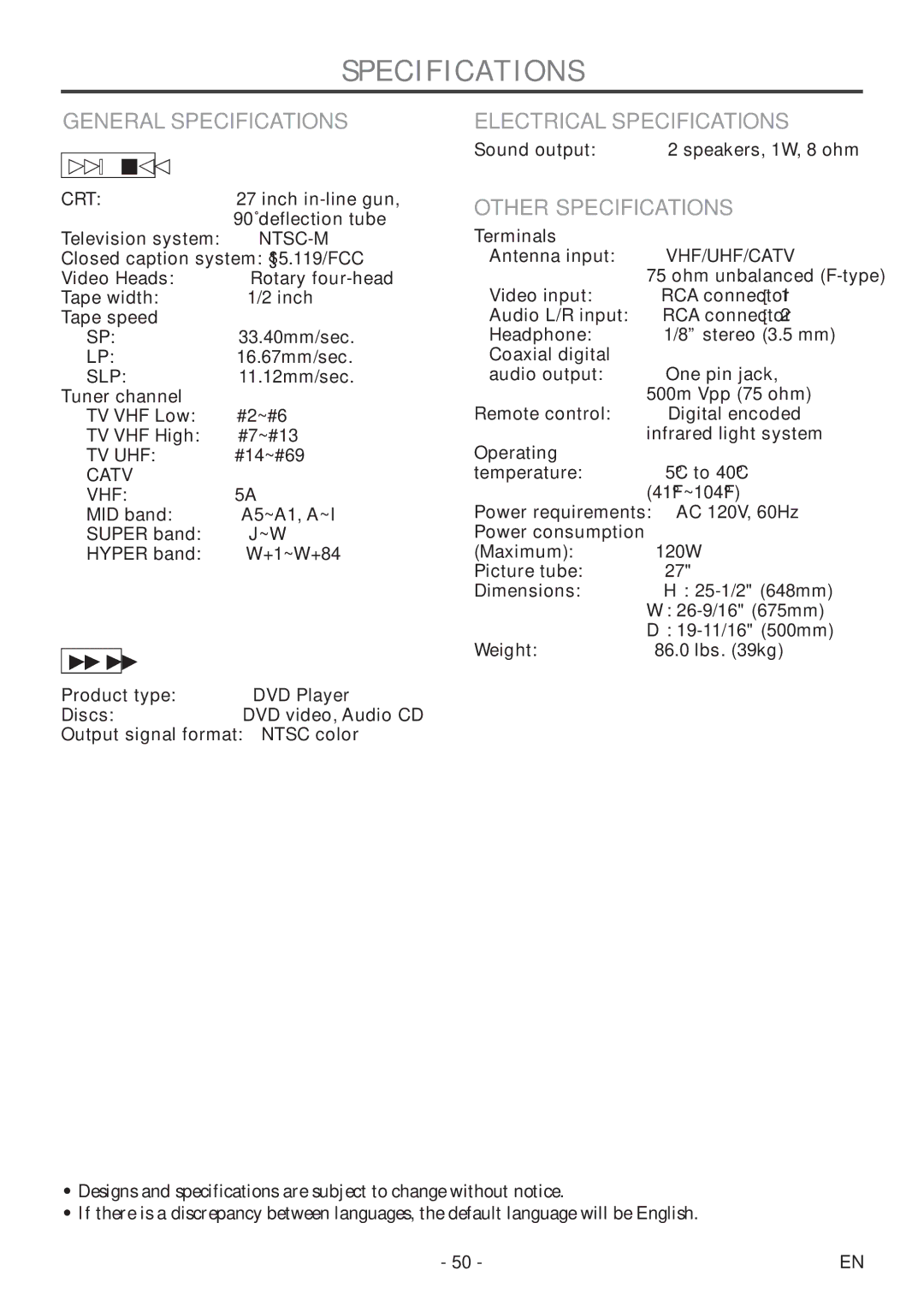 Sylvania 6727DF owner manual General Specifications, Electrical Specifications, Other Specifications 