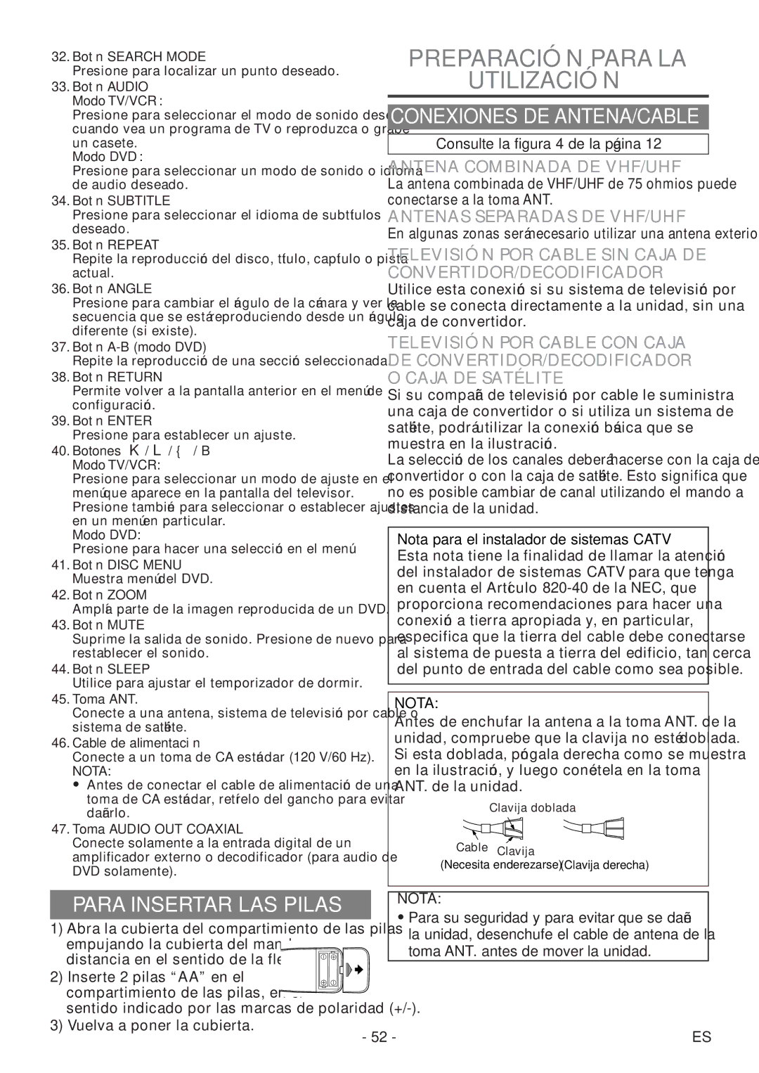 Sylvania 6727DF owner manual Preparación Para LA Utilización, Conexiones DE ANTENA/CABLE, Para Insertar LAS Pilas 