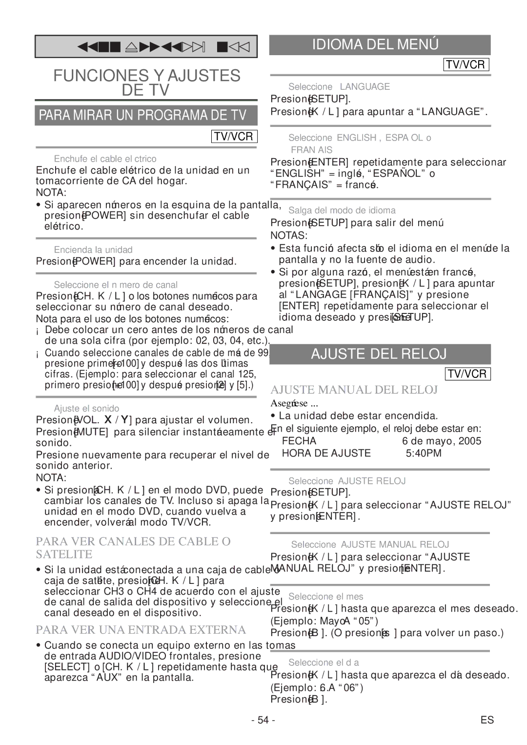 Sylvania 6727DF owner manual Funciones Y Ajustes DE TV, Idioma DEL Menú, Ajuste DEL Reloj 