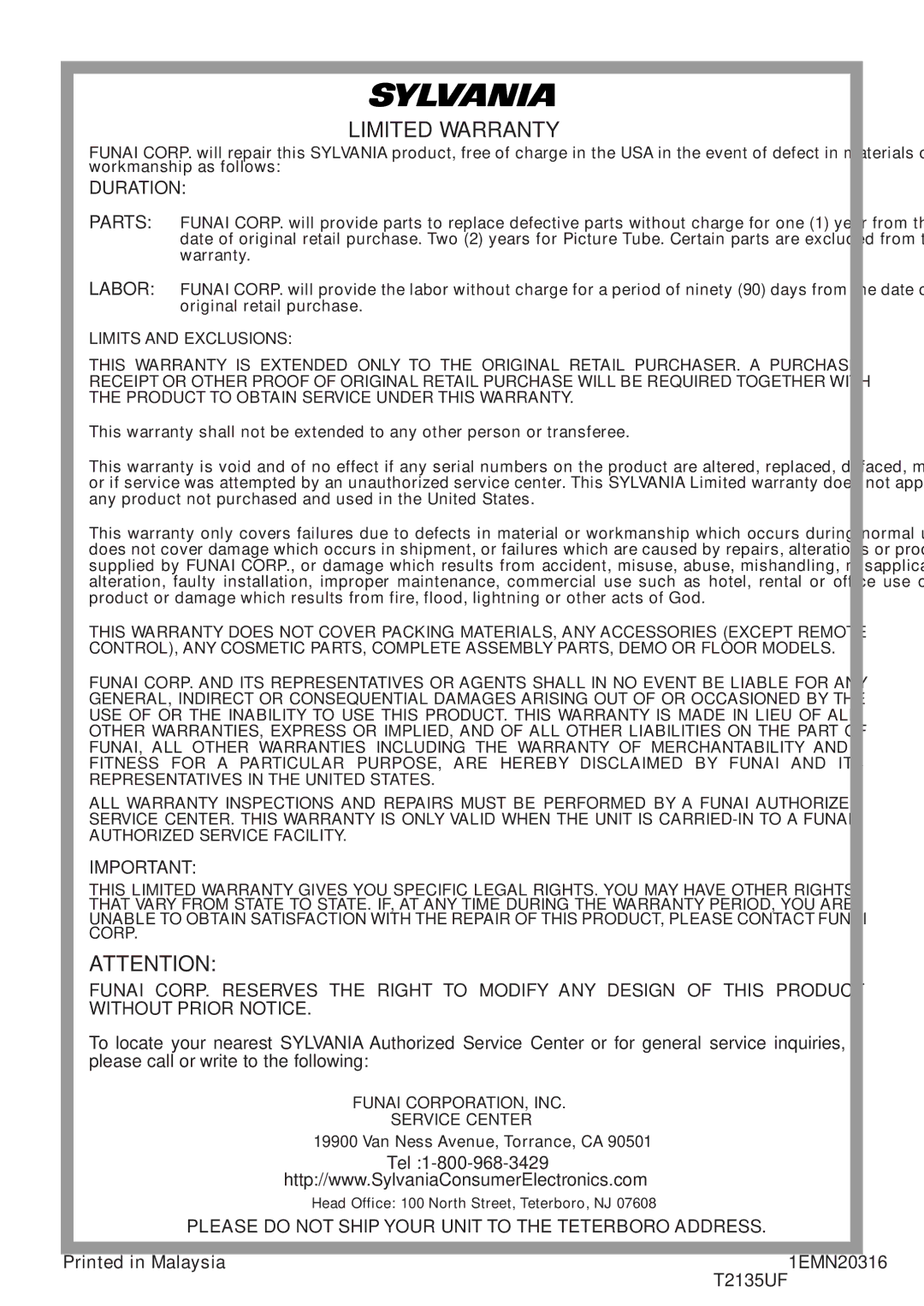 Sylvania 6727DF owner manual Duration, Tel, Please do not Ship Your Unit to the Teterboro Address 