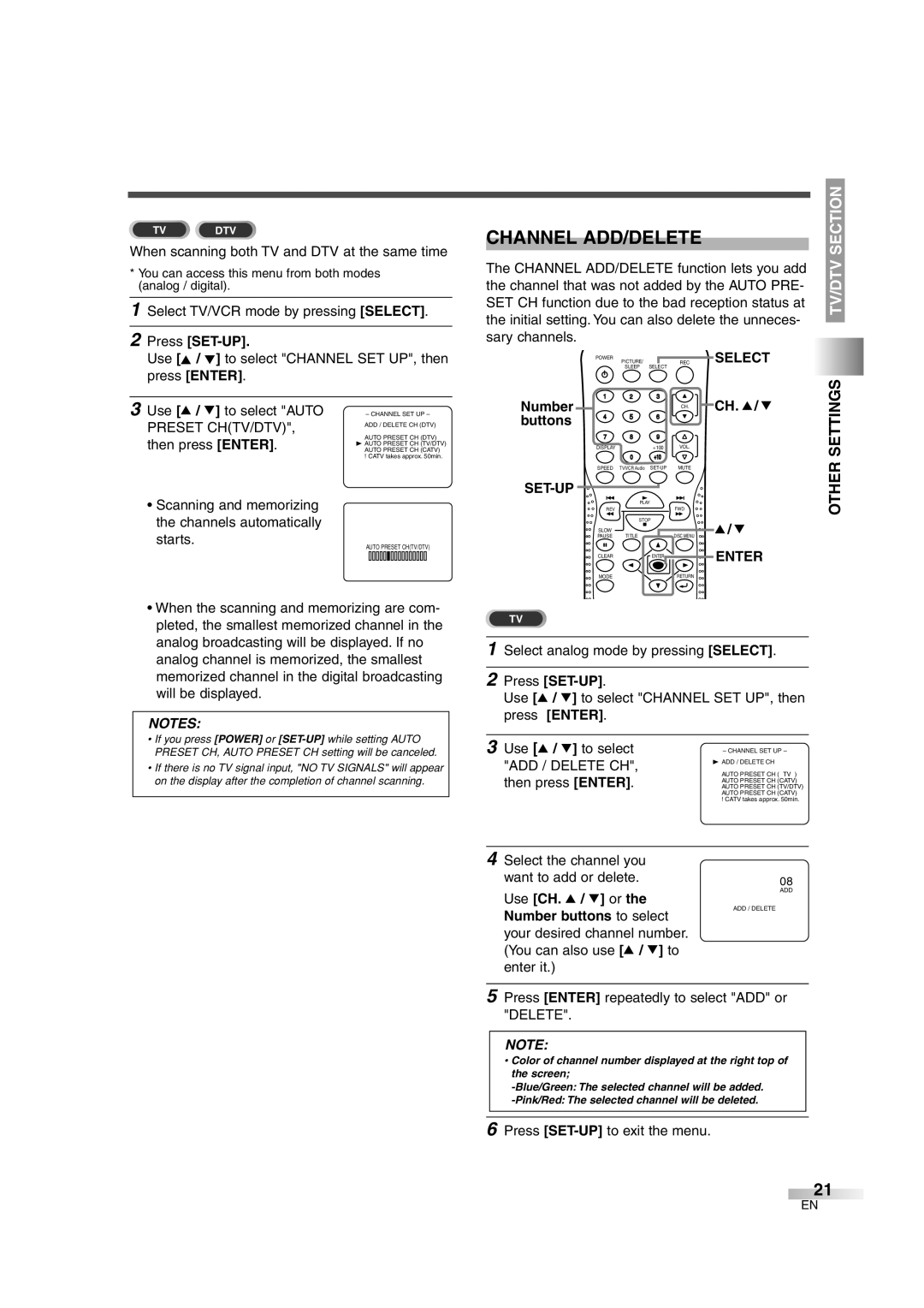 Sylvania 6727DG owner manual Channel ADD/DELETE, Recselect, Number buttons, Ch. K / L, Enter Other Settings 