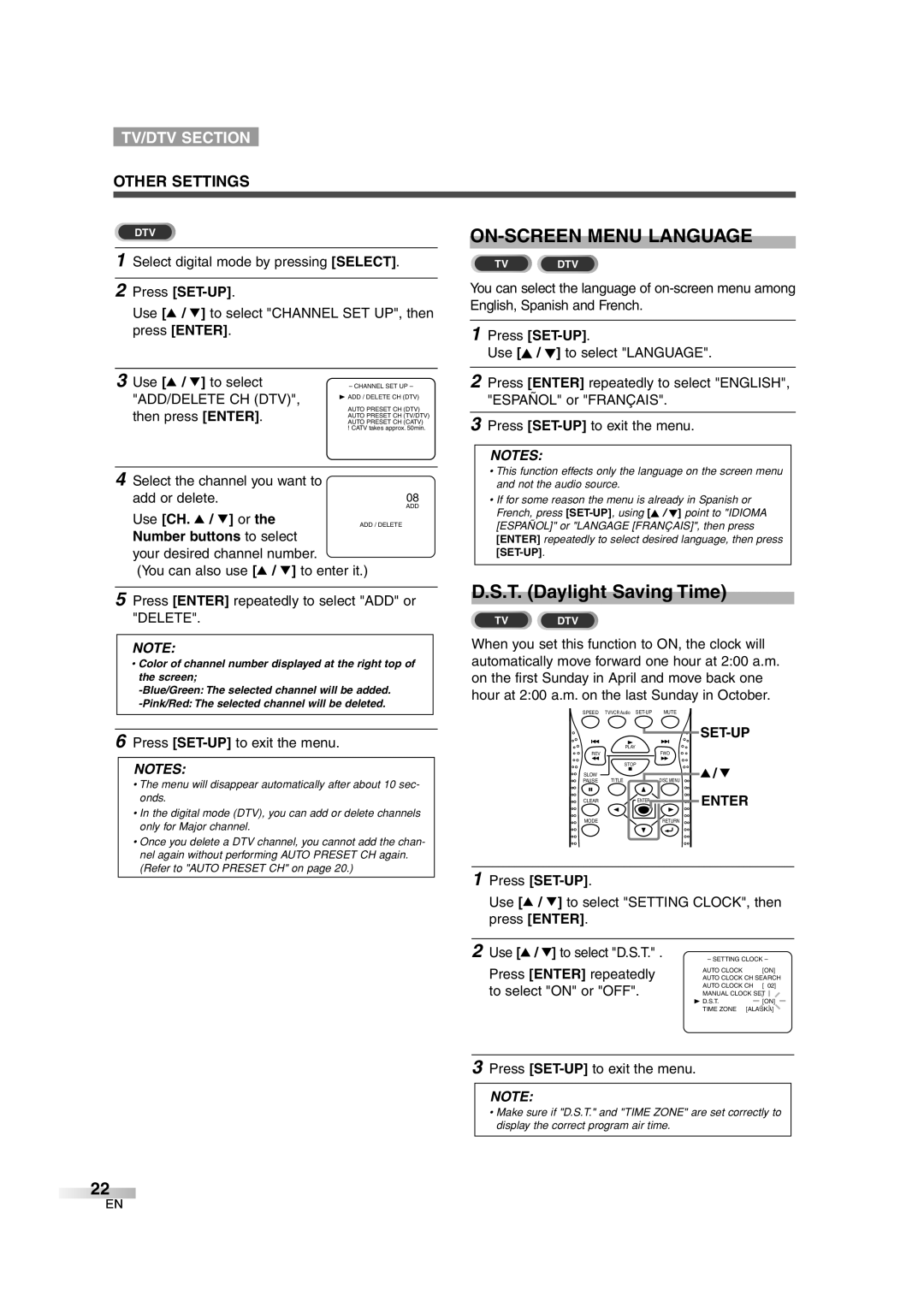 Sylvania 6727DG owner manual ON-SCREEN Menu Language, Other Settings, Add or delete, Use CH. K / L or 