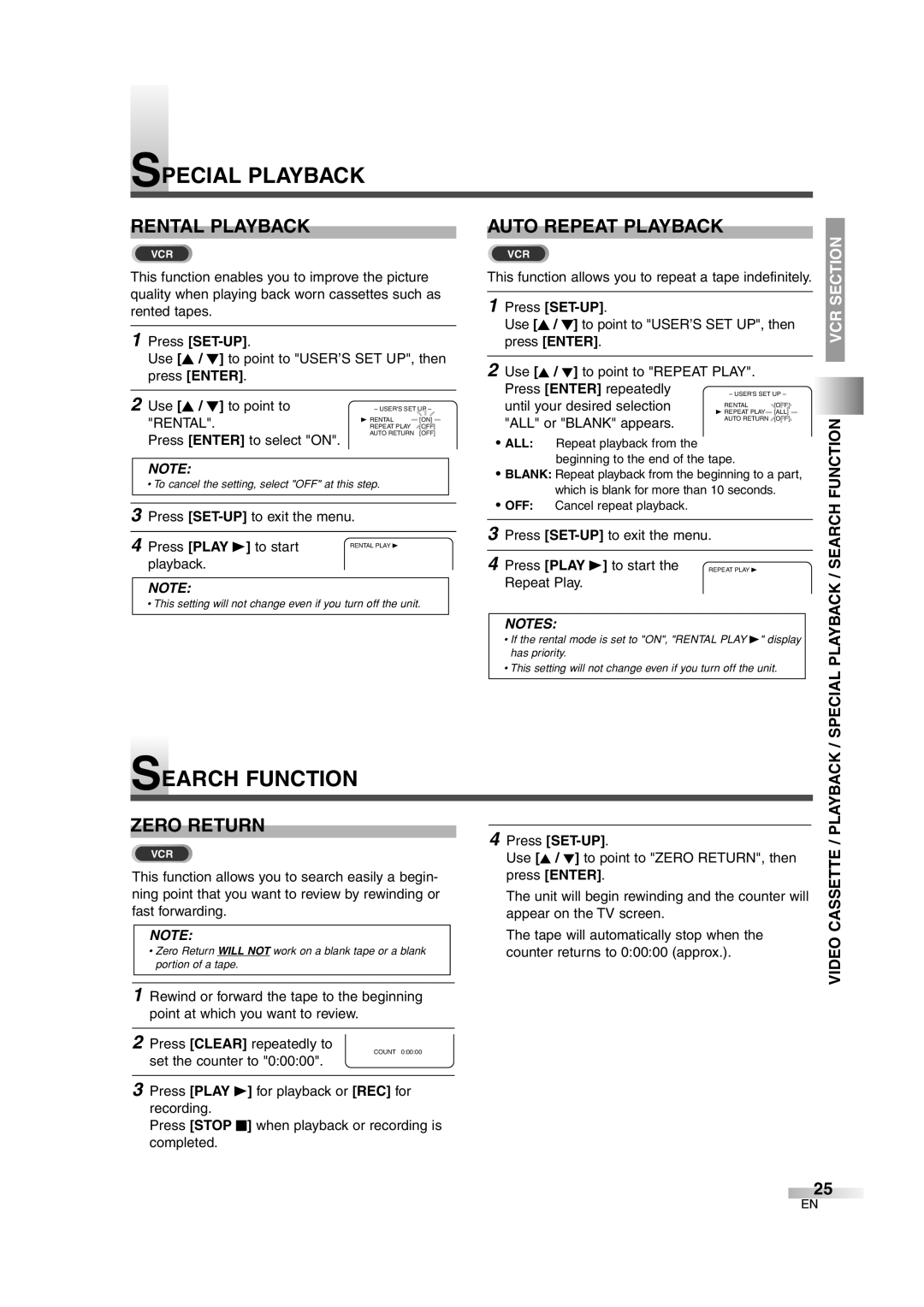 Sylvania 6727DG owner manual Search Function, Zero Return, Special Playback / Search, Video Cassette 