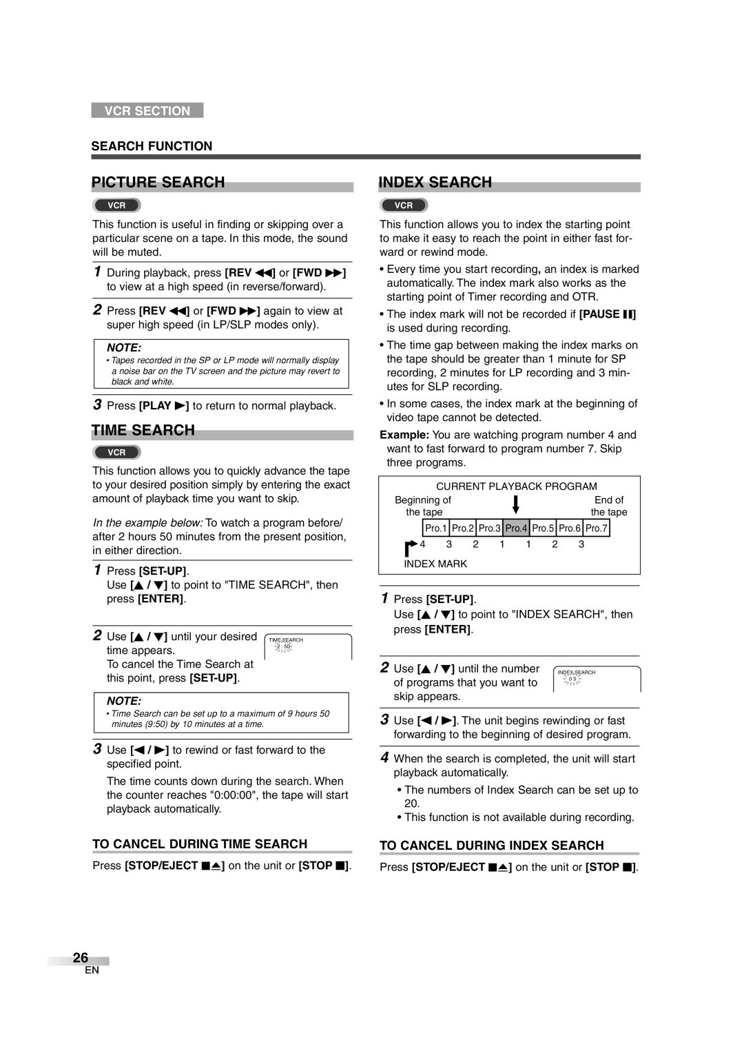 Sylvania 6727DG owner manual Picture Search, Time Search, Index Search, Search Function 