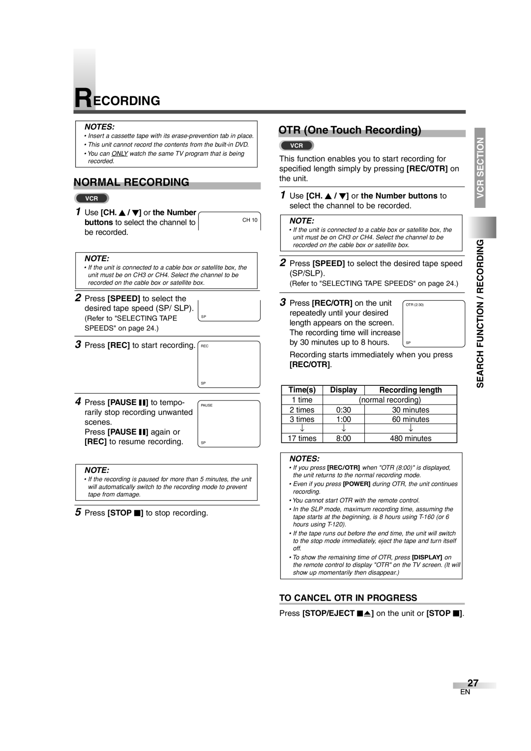 Sylvania 6727DG owner manual Normal Recording, To Cancel OTR in Progress, Search Function / Recording 