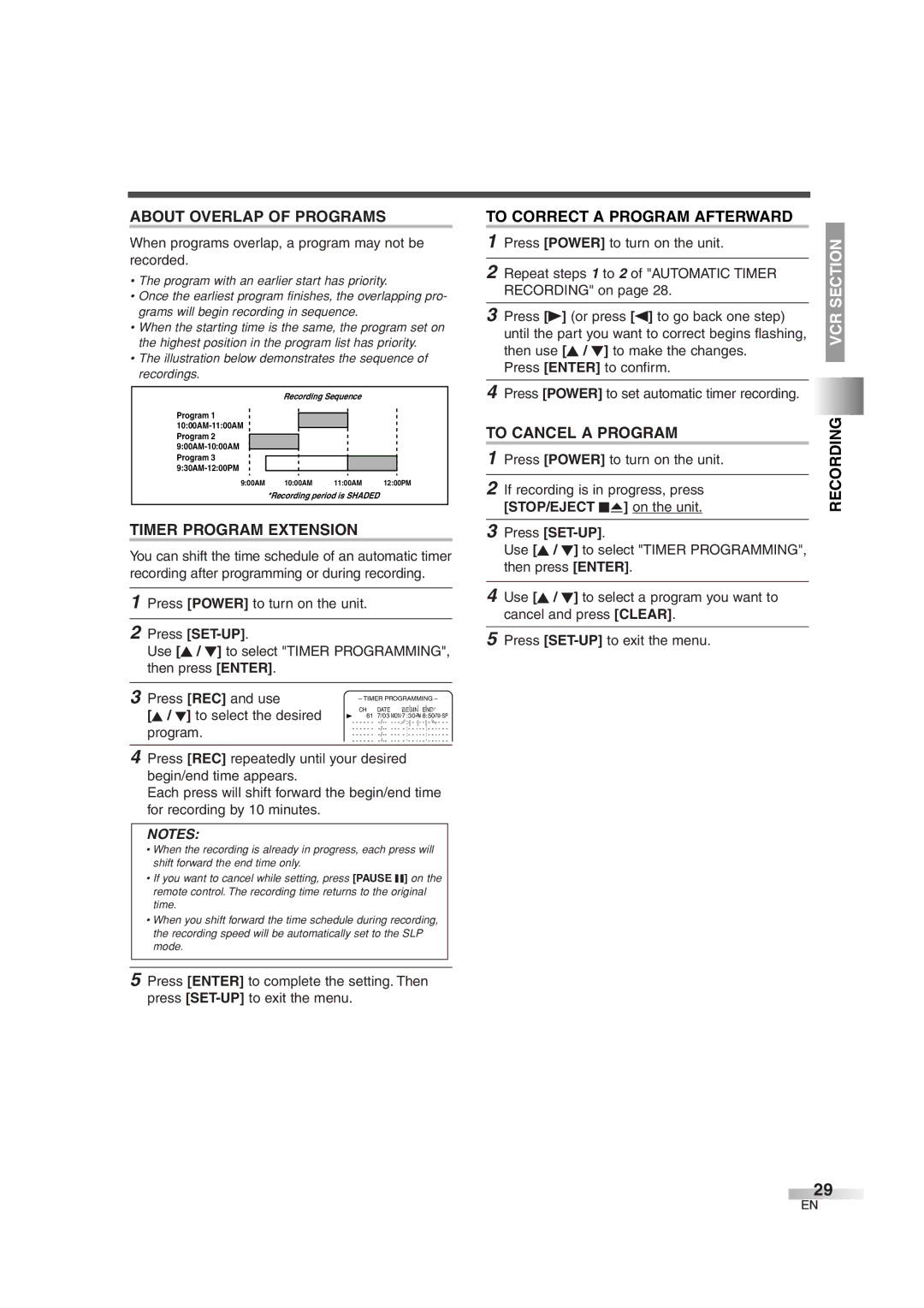 Sylvania 6727DG About Overlap of Programs, Timer Program Extension, To Correct a Program Afterward, To Cancel a Program 