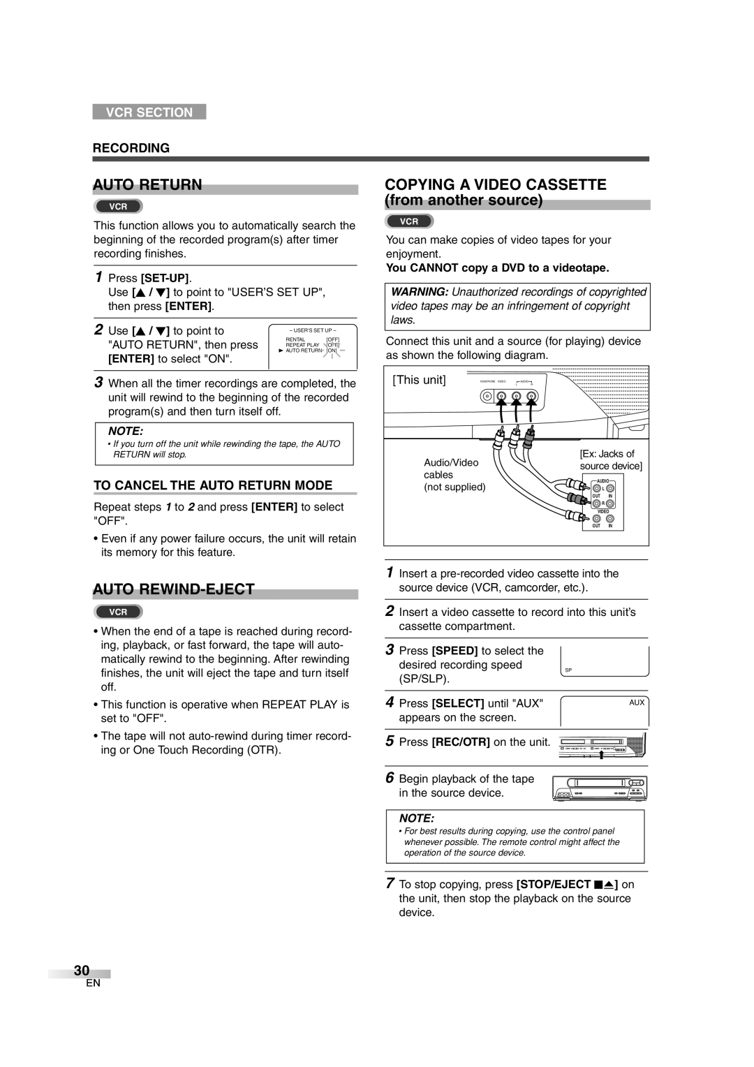 Sylvania 6727DG owner manual Auto REWIND-EJECT, To Cancel the Auto Return Mode, You Cannot copy a DVD to a videotape 