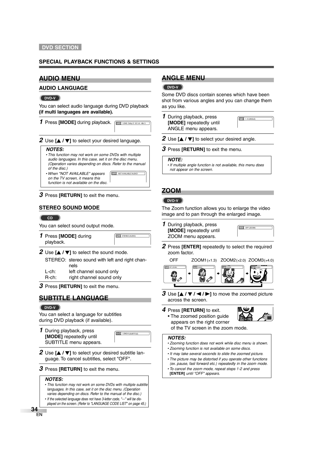 Sylvania 6727DG owner manual Audio Menu, Angle Menu, Zoom, Subtitle Language 