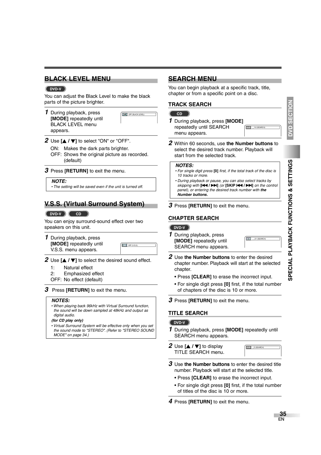 Sylvania 6727DG owner manual Black Level Menu, Search Menu, Track Search, Chapter Search, Title Search 