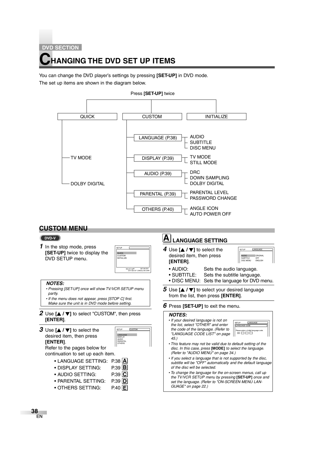 Sylvania 6727DG owner manual Changing the DVD SET UP Items, Custom Menu, Language Setting, Audio 