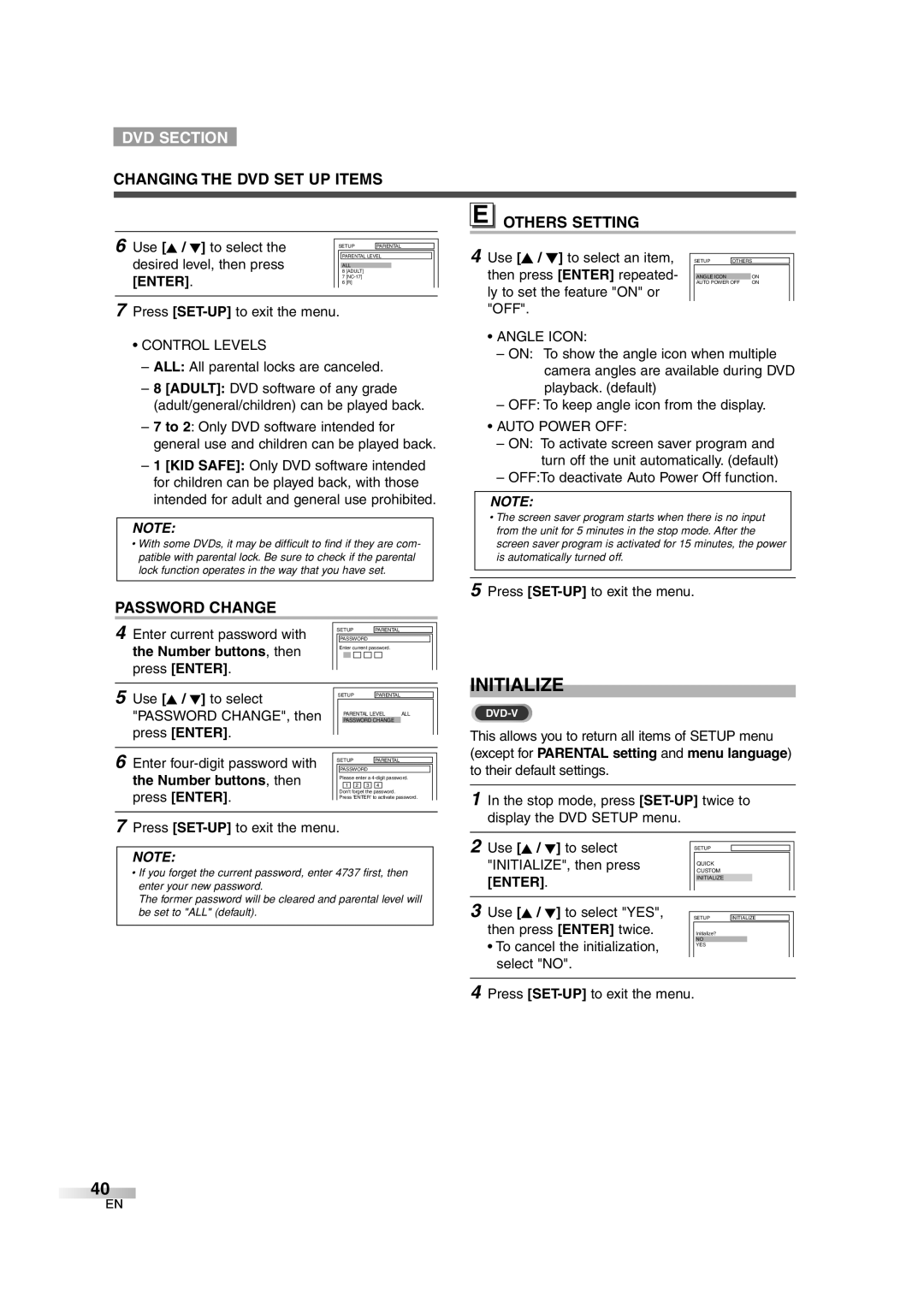 Sylvania 6727DG Initialize, Changing the DVD SET UP Items Others Setting, Password Change, Number buttons, then 