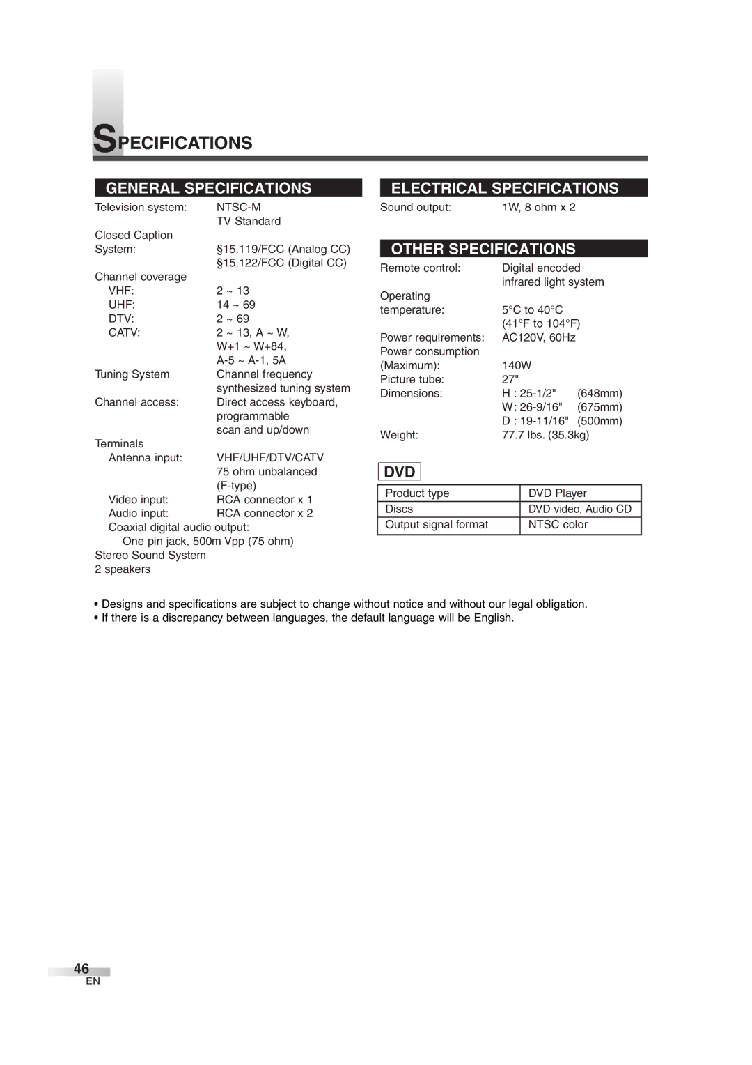 Sylvania 6727DG owner manual Specifications, Dvd 